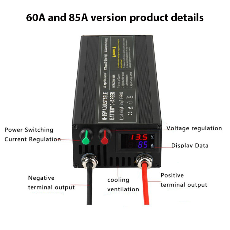 NOEIFEVO Einstellbarer Spannungs und Strombereich 0-15V 1-60A /85A Batterieladegerät , Kompatibel mit 3.7V 6V 12V Lithium, LiFePO4 und Blei-Säure-Batterien