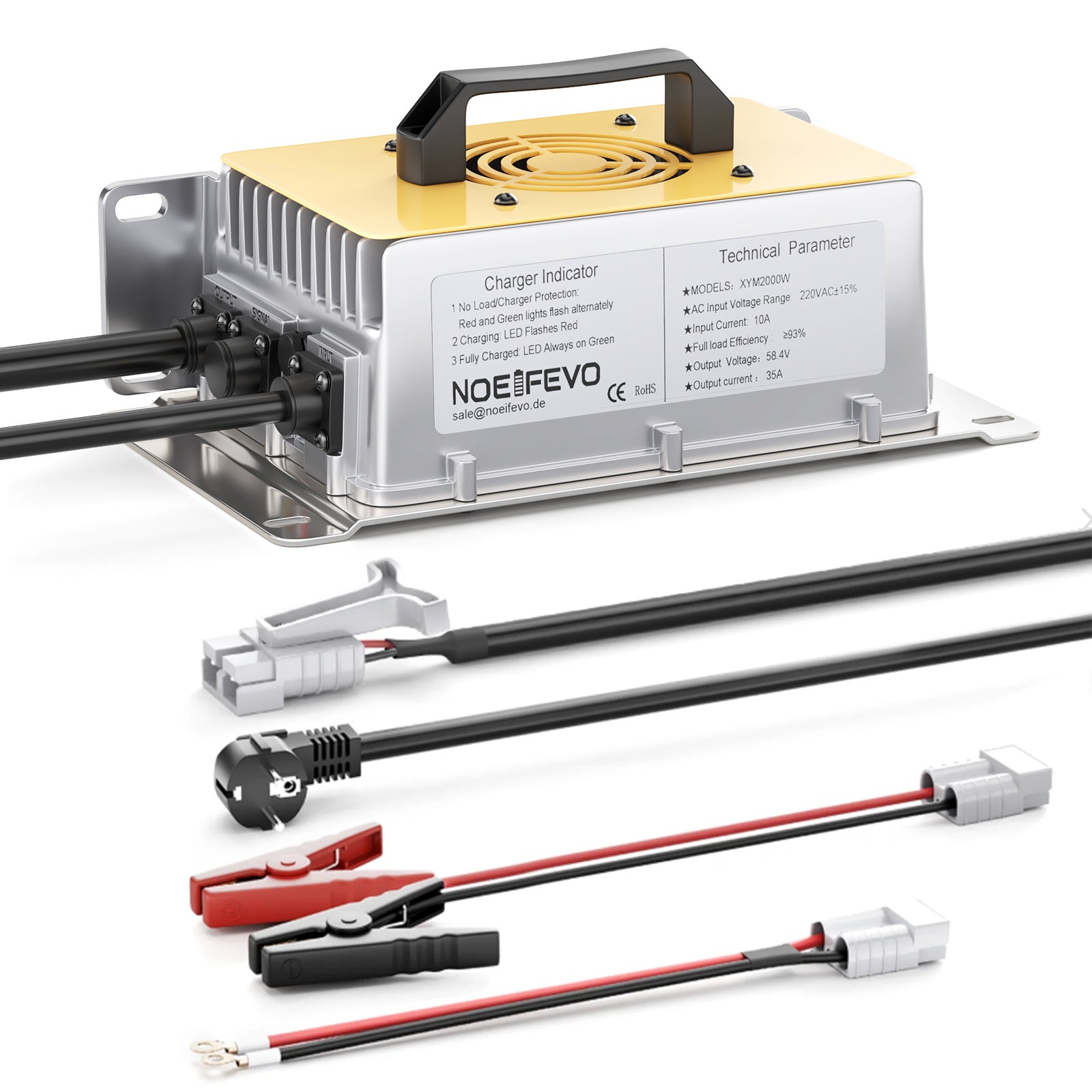 NOEIFEVO Carregador de bateria 58.4V 30A LiFePO4 para bateria 51.2V(48V) 16S LiFePO4, à prova de água, 0V BMS activado