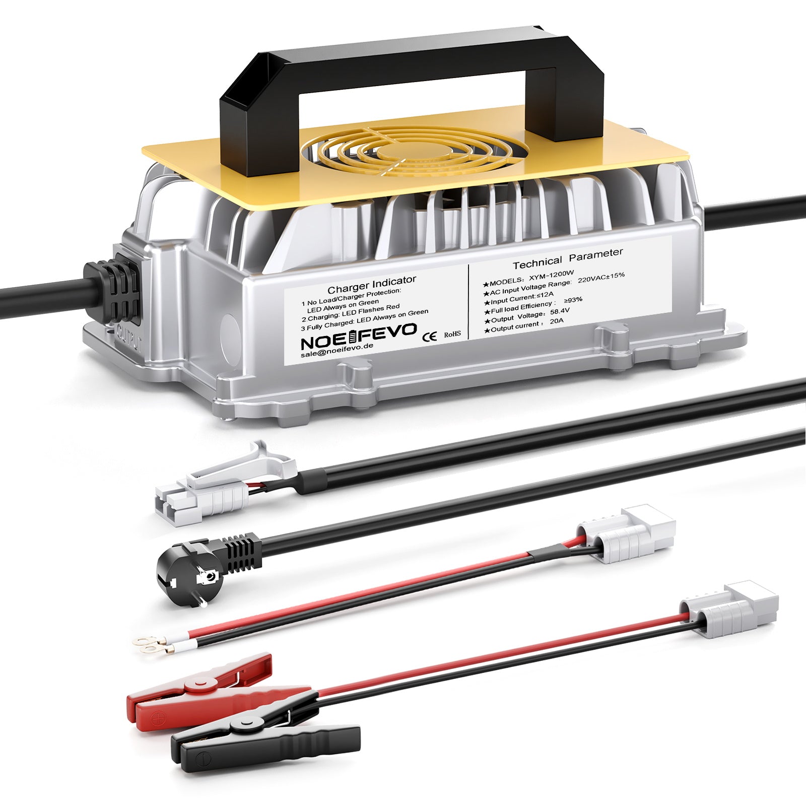 NOEIFEVO 58.4V 20A Lithium Lifepo4 batteriladdare för 48V (51.2V)16S batteri, vattentät, 0 V BMS aktivering, automatisk avstängning med fullt skydd