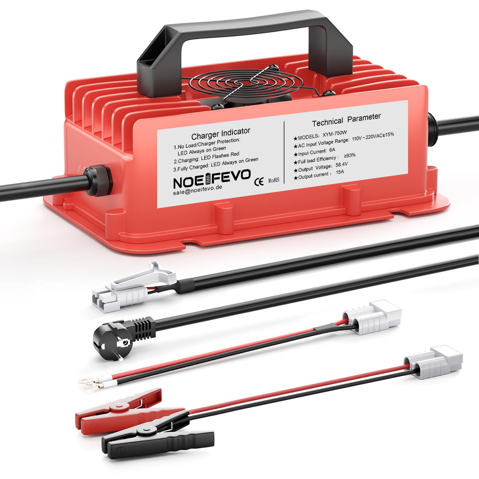 NOEIFEVO 58,4V 15A vanntett LiFePO4 batterilader for 51,2V(48V) 16S LiFePO4 batteri