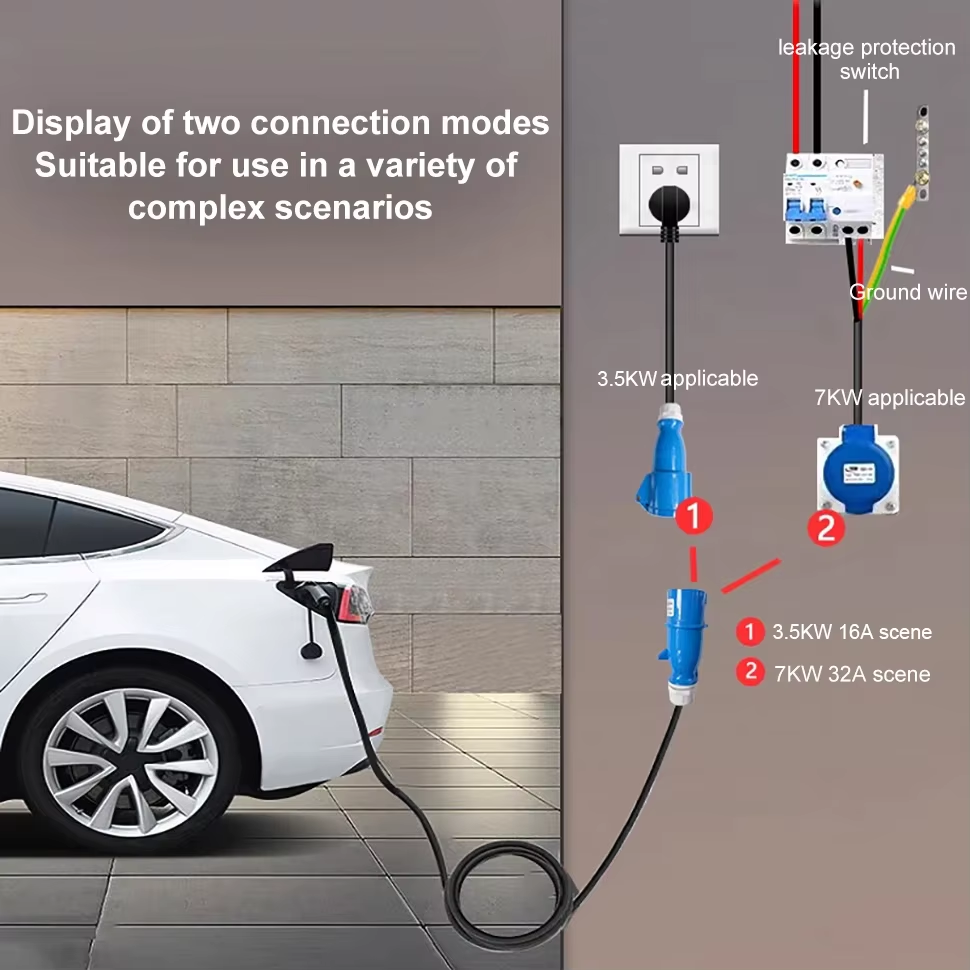 אדפטור טעינה EV, שקע תעשייתי CEE 32A כחול לשקע ביתי Schuko, עבור מטעני EV של 7kW 32A.