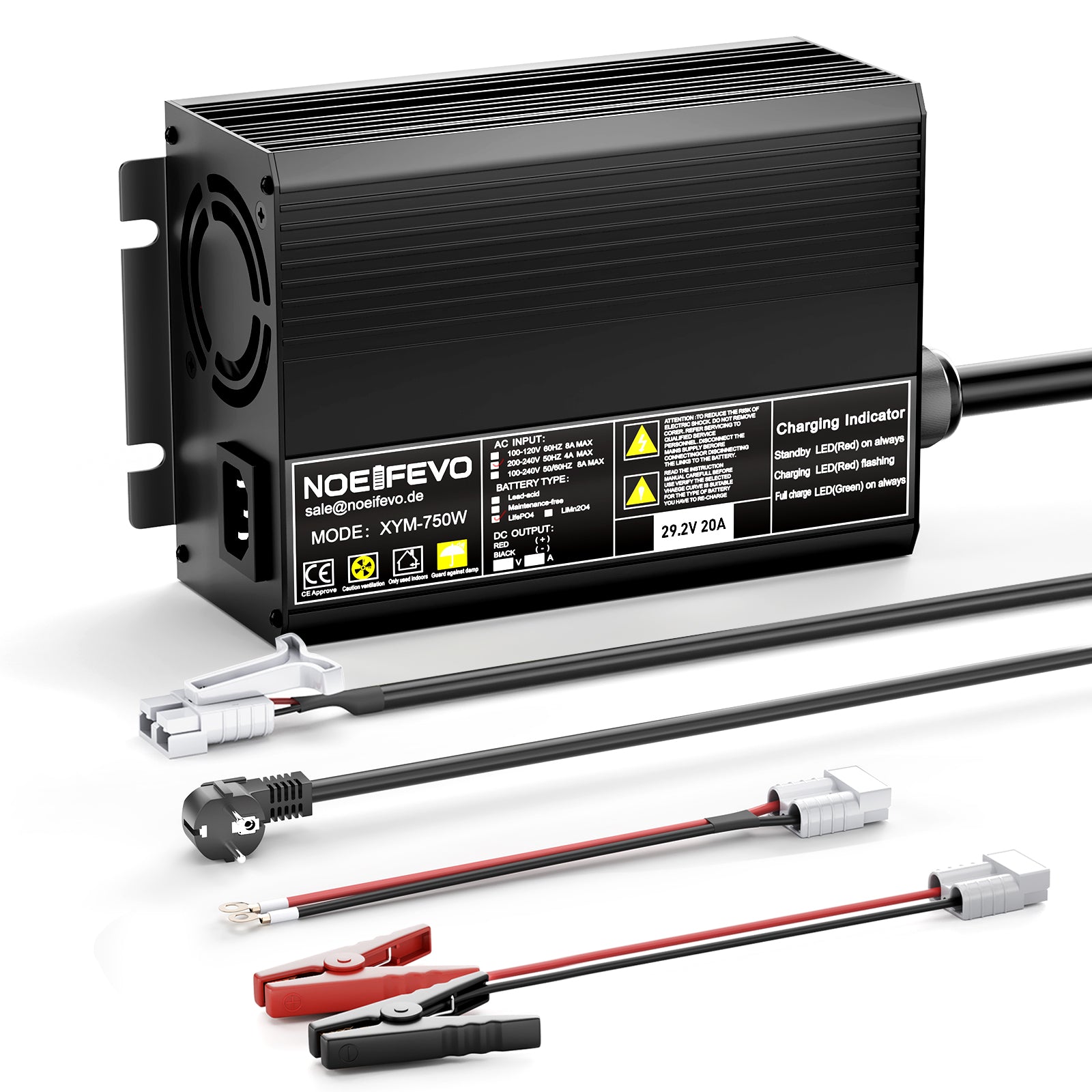 Noeifevo 29,2 V 20 A LiFePO4 Caricabatterie per batteria al litio 24 V 25,6 V, attivazione BMS 0 V, spegnimento automatico con protezione completa