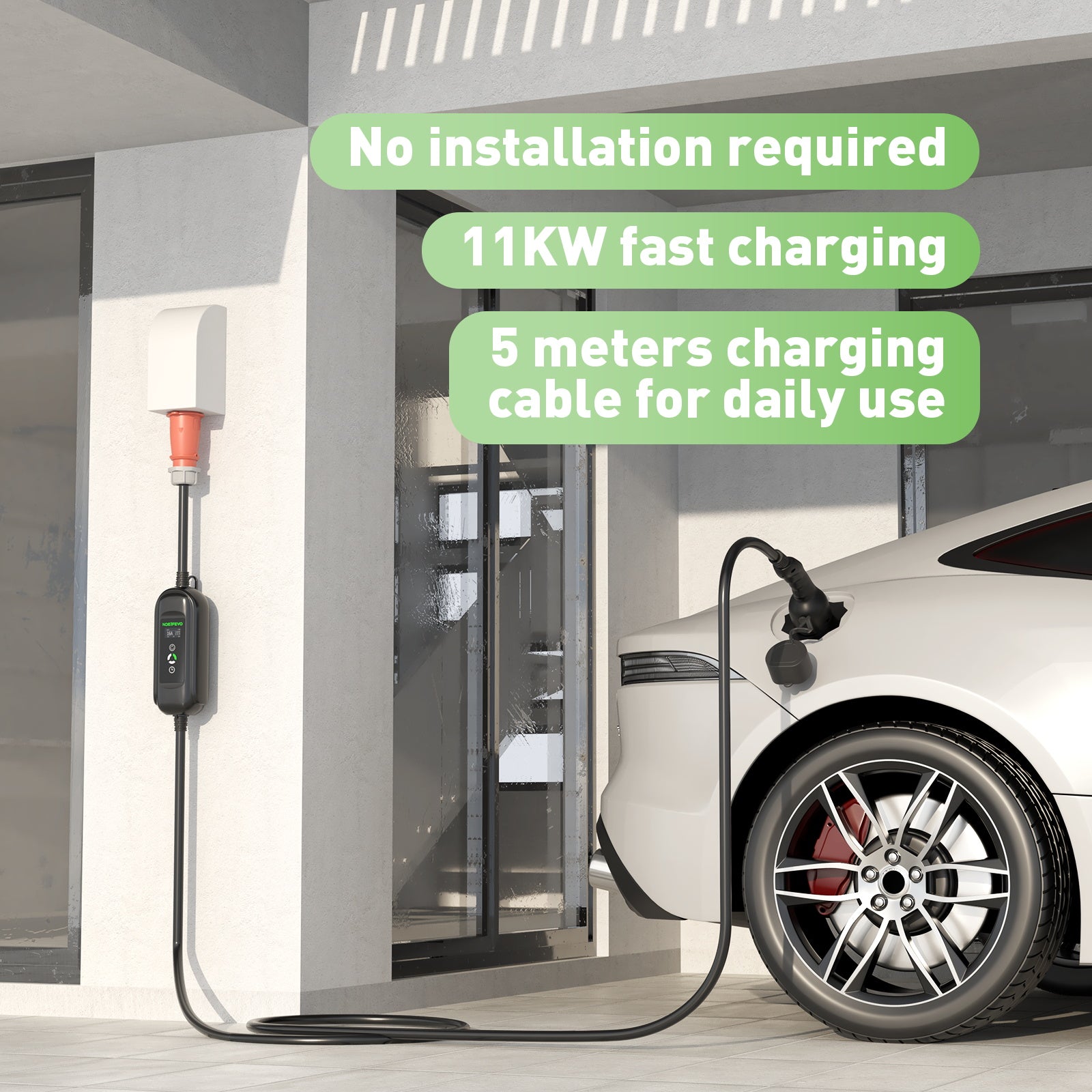 11KW EV-laadstation, 16A 3 fase Type 2 mobiele lader voor elektrische voertuigen, CEE 16A stekker, 5 meter kabel EVSE Wanddoos