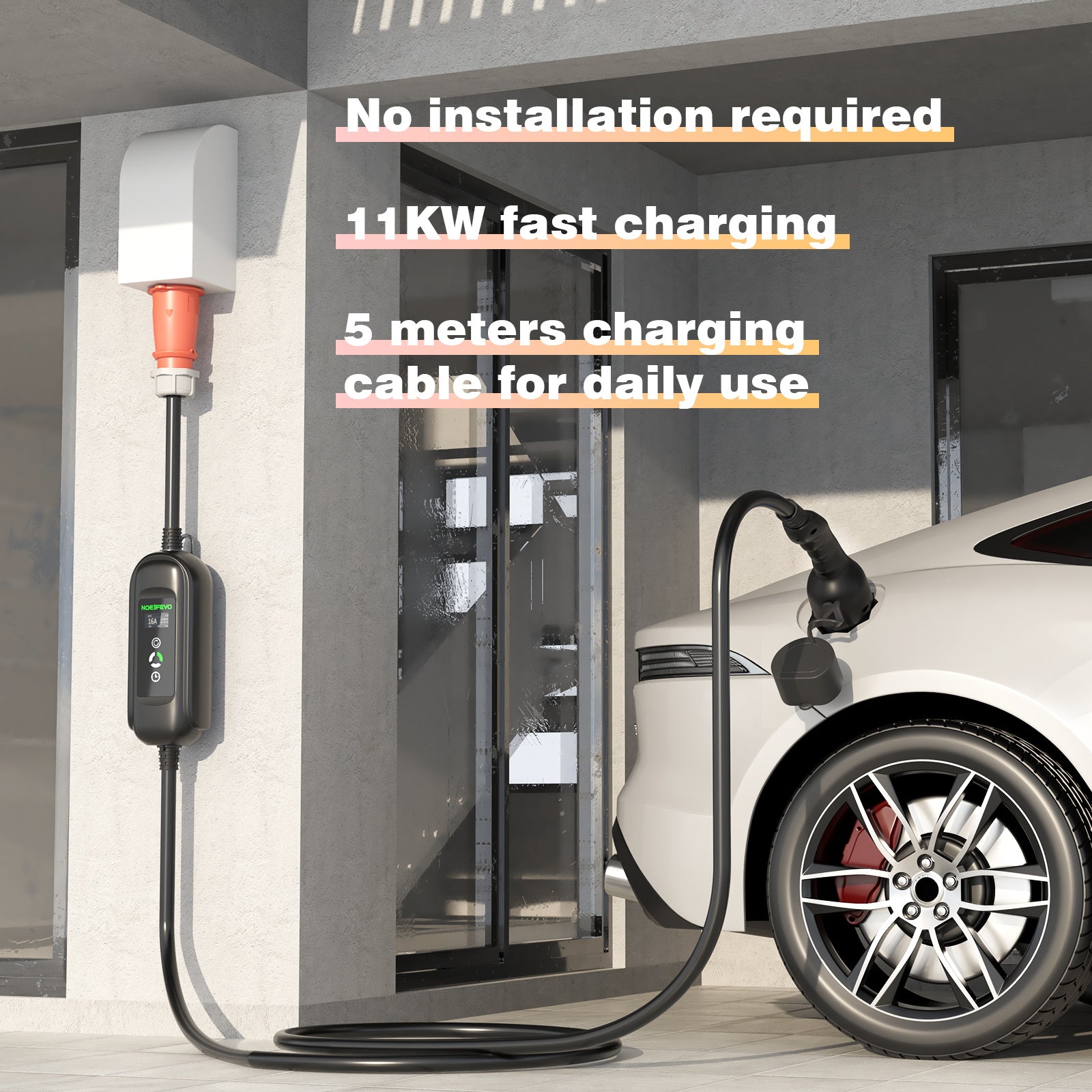 Noeifevo 11KW bilbatterioplader, Type2 til CEE16A EV-oplader med husholdningsadapter, 5m/10/15m