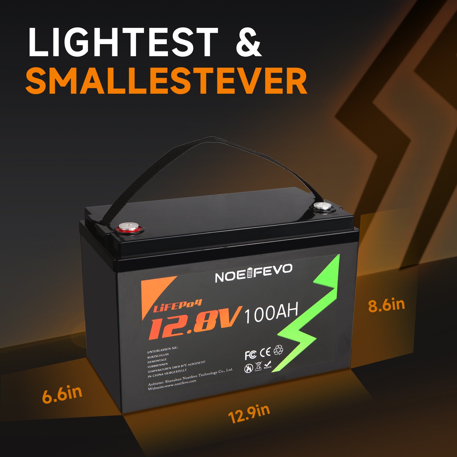 NOEIFEVO 12.8V 100Ah LiFePO4 Lithium Battery, 1280Wh Lithium Battery with 100A BMS, 4000+ charge cycles, with 14.6V 20A charger, perfect as power source for motorhome, boat.