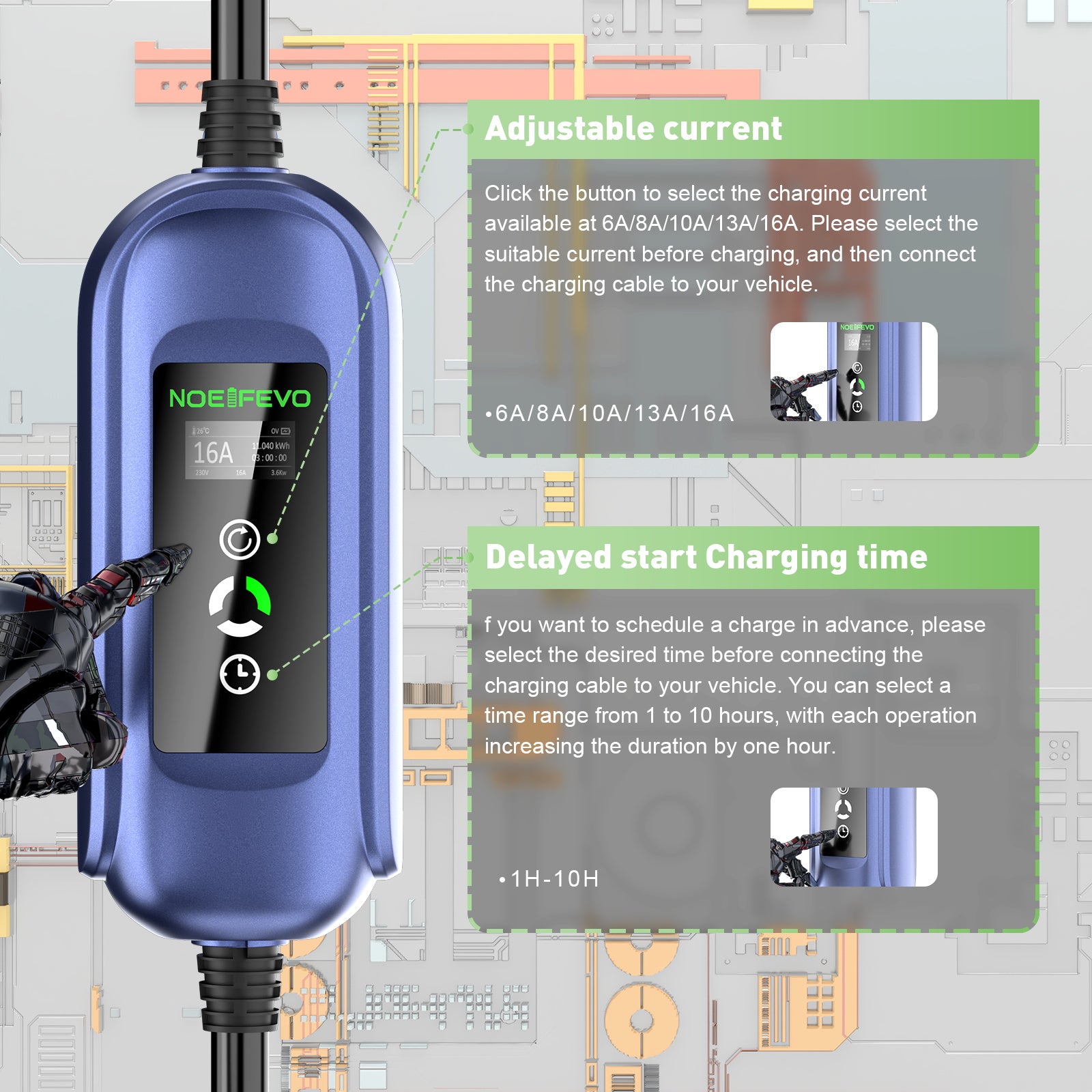 Noeifevo 11KW Mobil EV Wallbox, bilbatterioplader til alle type 2 køretøjer, 5M/10M/15M, CEE16A