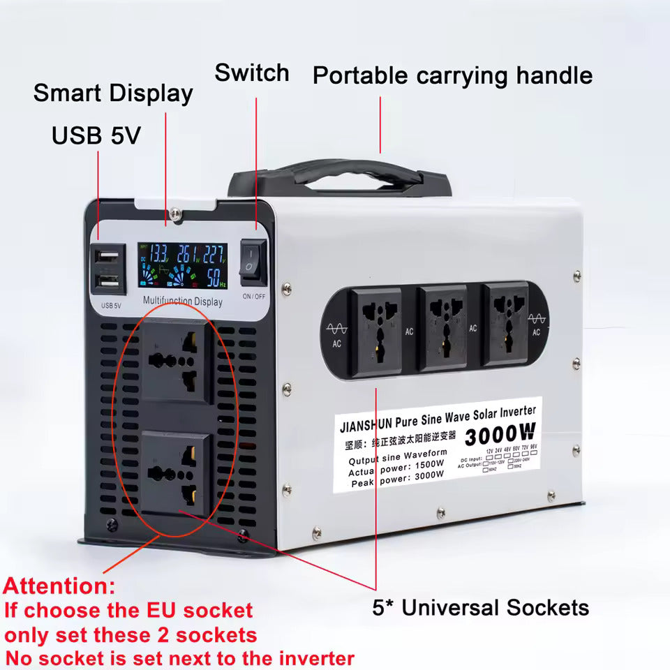 Čistý sinusový měnič 1500W/3000W DC 12V 24V 48V 60V 72V na AC 220V 50Hz měnič pro solární a automobilové baterie, s LED displejem