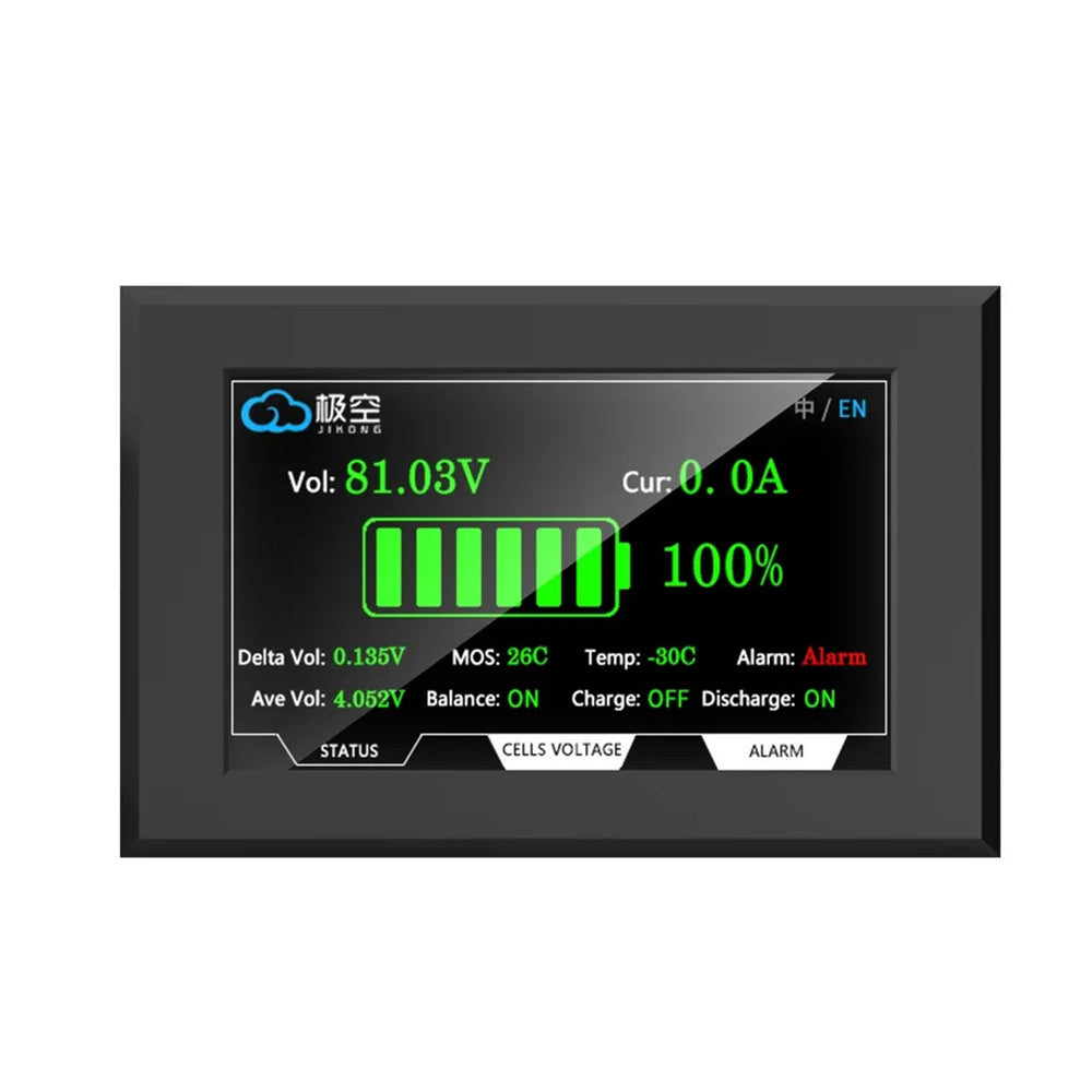תצוגת סוללה עם מסך LCD TFT בגודל 4.3 אינץ' – תצוגת מתח, זרם, מצב טעינה (SOC) וטמפרטורה, מסך מגע – עבור Jikong BMS ‏(88.5 × 135.9 מ"מ)
