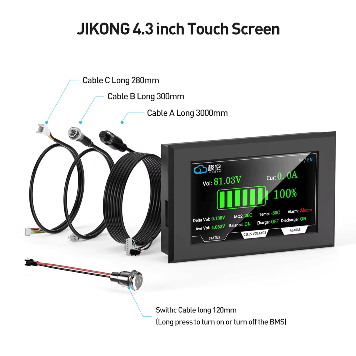תצוגת סוללה עם מסך LCD TFT בגודל 4.3 אינץ' – תצוגת מתח, זרם, מצב טעינה (SOC) וטמפרטורה, מסך מגע – עבור Jikong BMS ‏(88.5 × 135.9 מ"מ)