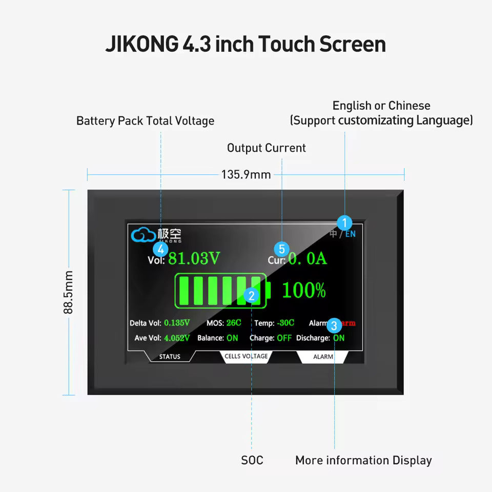 תצוגת סוללה עם מסך LCD TFT בגודל 4.3 אינץ' – תצוגת מתח, זרם, מצב טעינה (SOC) וטמפרטורה, מסך מגע – עבור Jikong BMS ‏(88.5 × 135.9 מ"מ)
