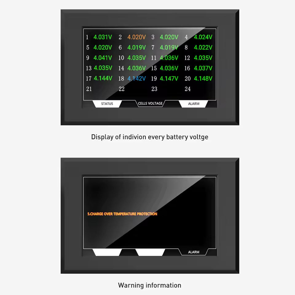 תצוגת סוללה עם מסך LCD TFT בגודל 4.3 אינץ' – תצוגת מתח, זרם, מצב טעינה (SOC) וטמפרטורה, מסך מגע – עבור Jikong BMS ‏(88.5 × 135.9 מ"מ)
