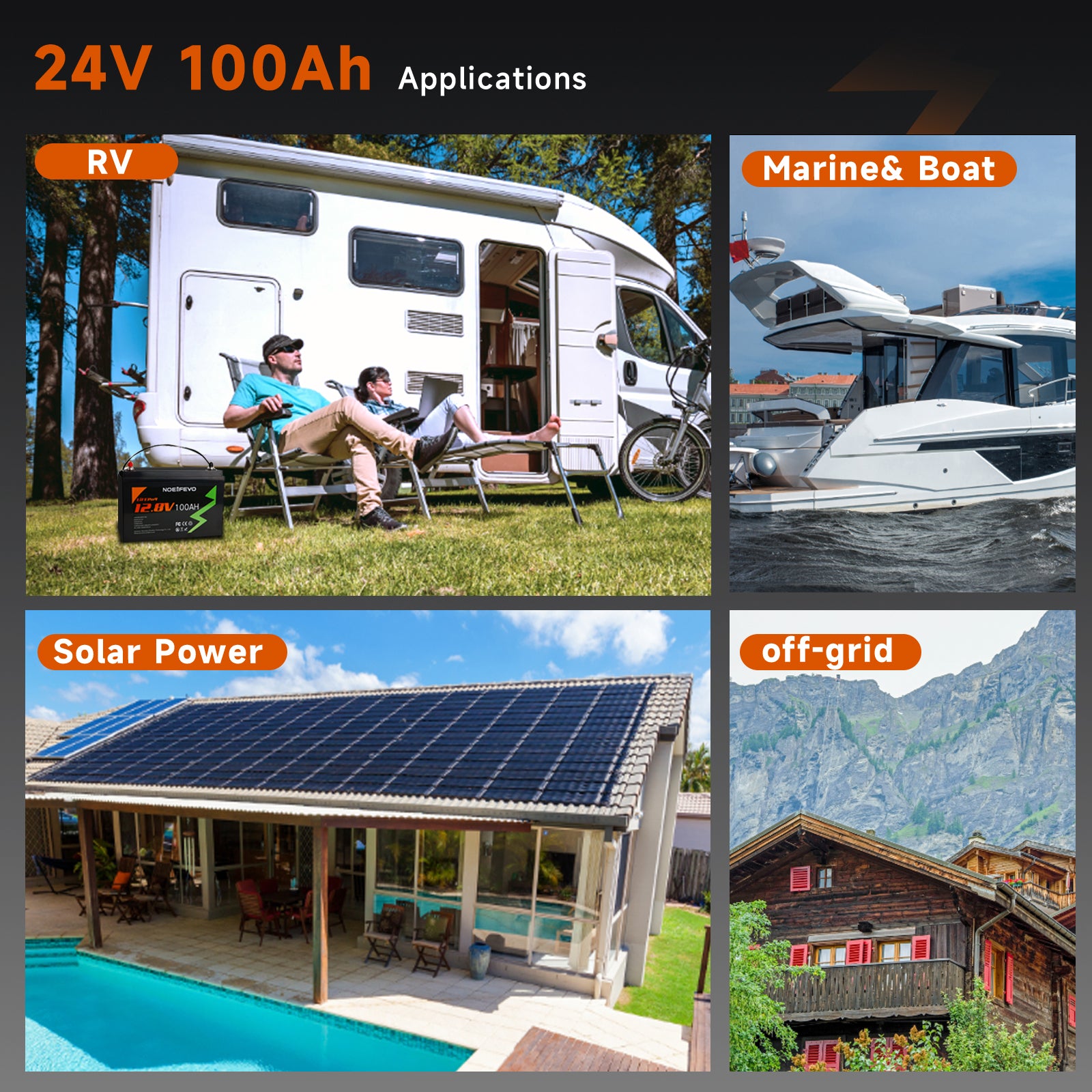 NOEIFEVO 12.8V 100Ah LiFePO4 de lítio Bateria, totalmente carregada em 2 horas com carregador 14.6V 50A, 4000+ ciclos de carga, perfeita como fonte de energia para autocaravana, barco.