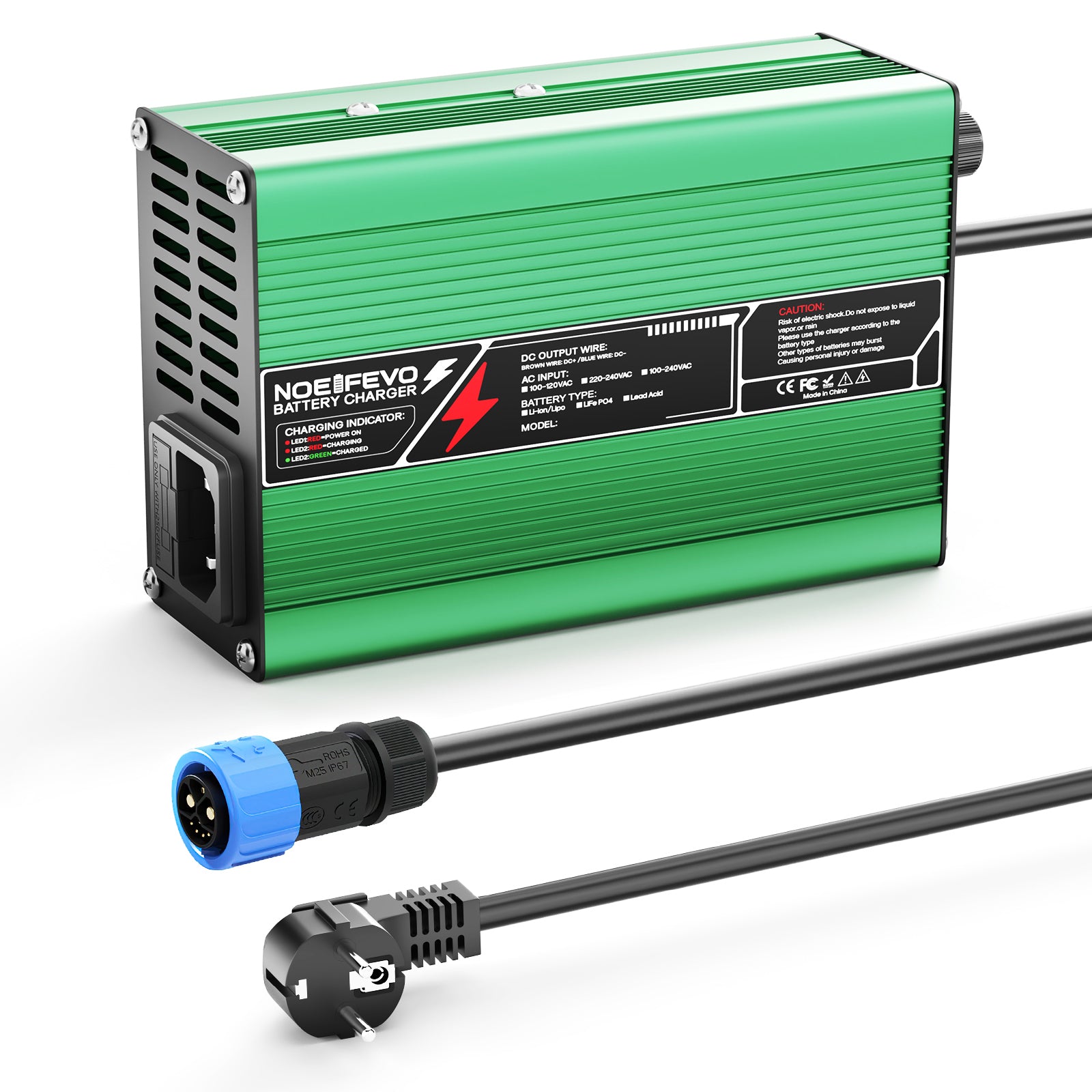 מטעין ליתיום NOEIFEVO 50.4V 2A 2.5A 3A עבור סוללות 12S 44.4V Li-Ion Lipo, מאוורר קירור, כיבוי אוטומטי (ירוק)