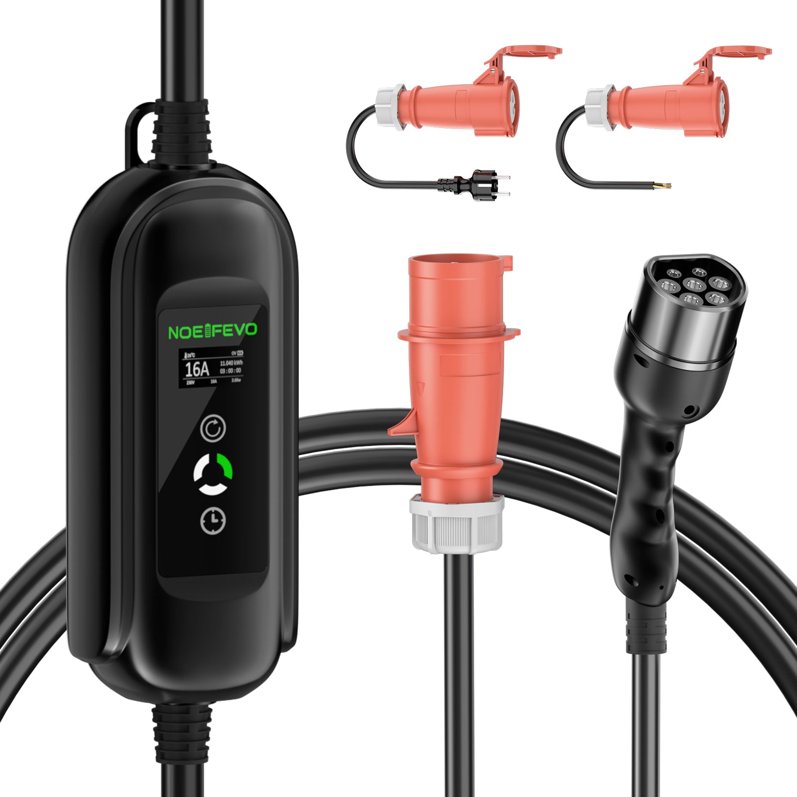 Cabo de carregamento de EV móvel tipo 2 com adaptador Schuko, estação de carregamento de veículos eléctricos trifásicos 11KW 16A 