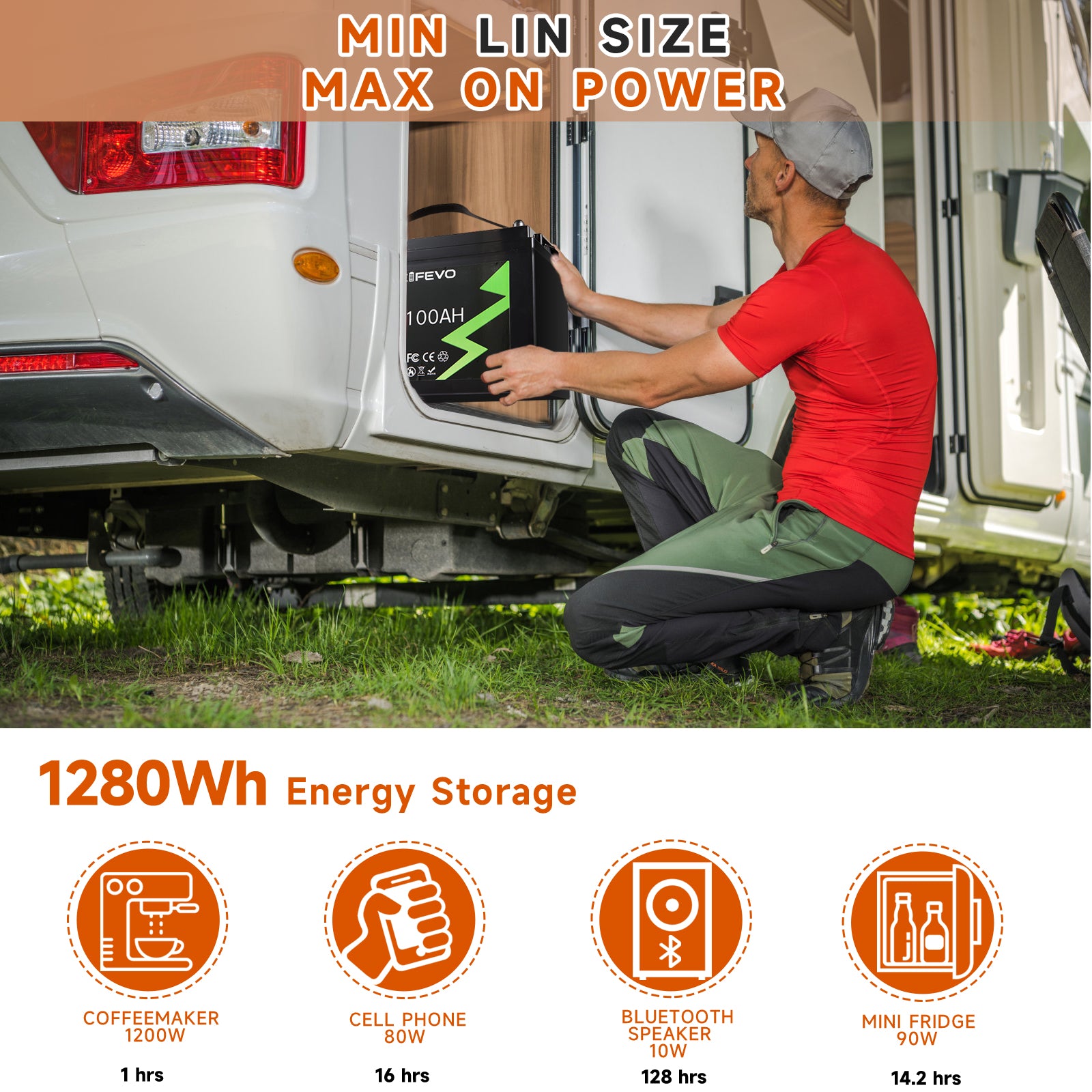 NOEIFEVO 12.8V 100Ah LiFePO4 Lithium Battery, 1280Wh Lithium Battery with 100A BMS, 4000+ charge cycles, with 14.6V 20A charger, perfect as power source for motorhome, boat.