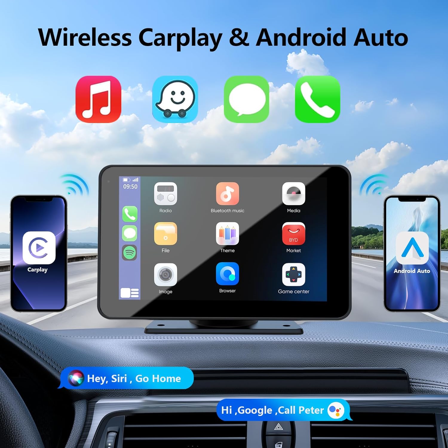 CarPlay sem fio para veículos, tela sensível ao toque portátil de estéreo automotivo HD de 7" com Apple CarPlay, Android Auto, câmera de ré, receptor de áudio automotivo com controle por voz, Mirror Link, Bluetooth, navegação GPS.