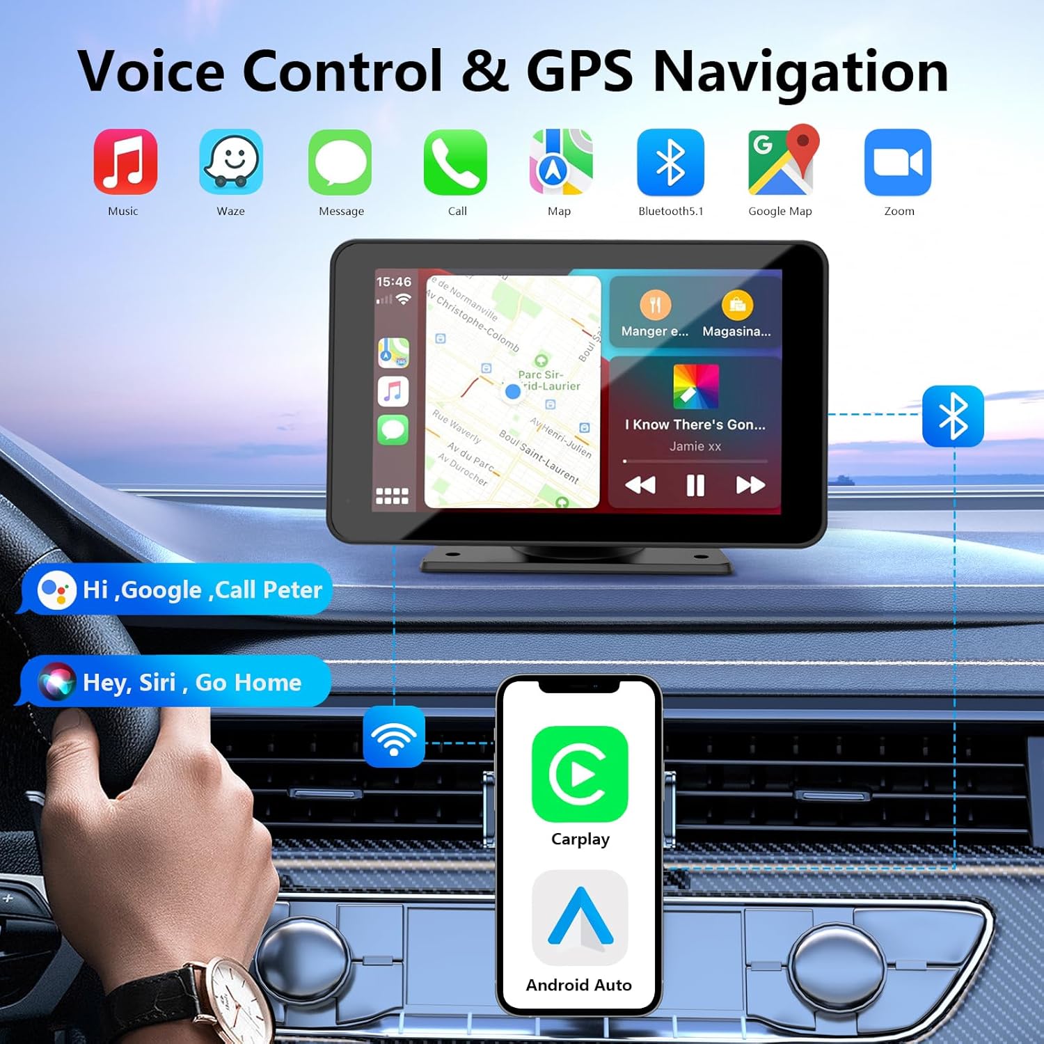 CarPlay sem fio para veículos, tela sensível ao toque portátil de estéreo automotivo HD de 7" com Apple CarPlay, Android Auto, câmera de ré, receptor de áudio automotivo com controle por voz, Mirror Link, Bluetooth, navegação GPS.