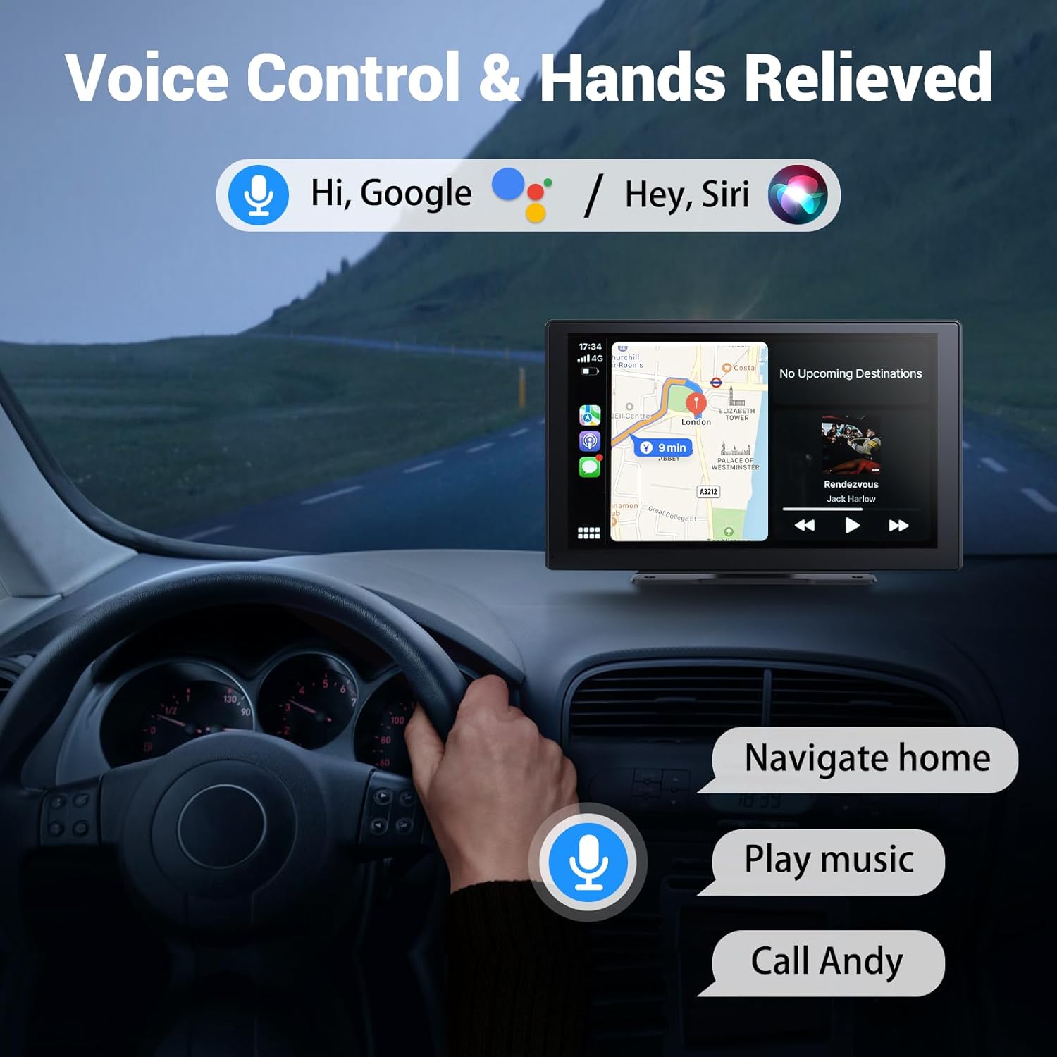 NOEIFEVO Bezdrátový Carplay displej pro automobily s 4K Dashcam, 9" přenosné Apple Carplay & Android Auto autorádio, s 1080p zadní kamerou, GPS navigace/Mirror Link/Hlasové ovládání/Bluetooth.