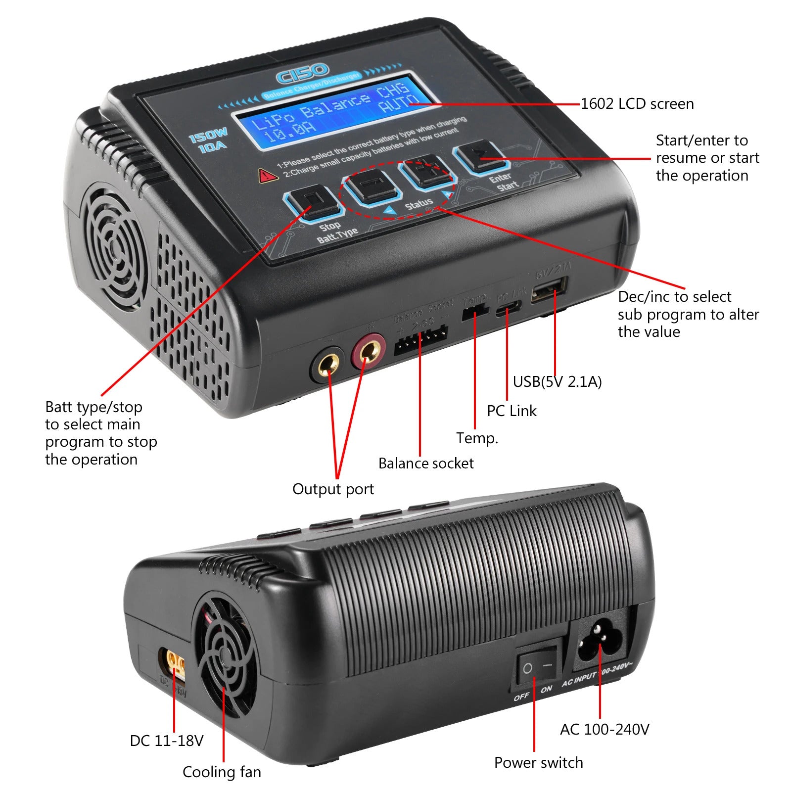 NOEIFEVO C150 AC/DC 150W 10A RC Balance Lader og Af-Loader til LiPo, LiHV, LiFe, LiIon, NiCd, NiMh og Pb Batterier