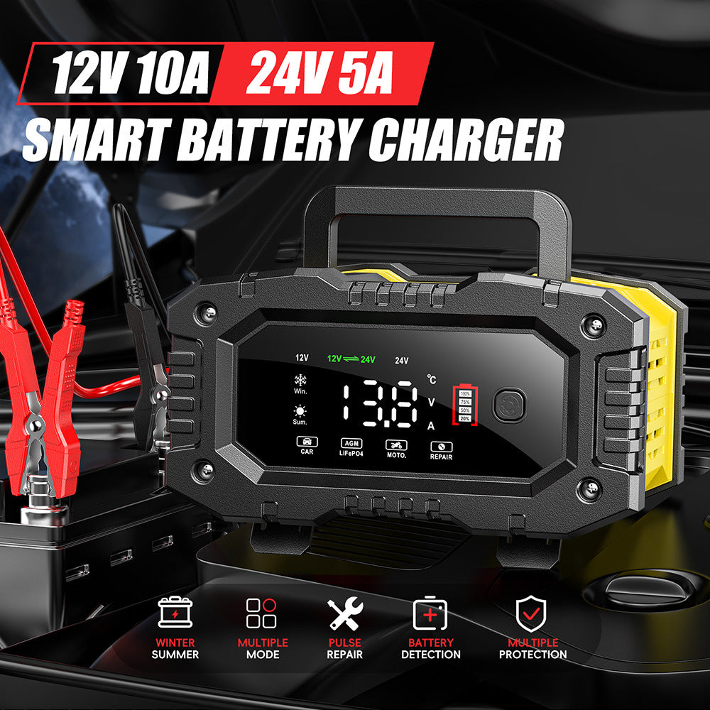 NOEIFEVO 10A Autobatterioplader, 12V 24V LiFePO4 oplader, batterilader, biloplader, intelligent batterilader med temperaturudligning til personbiler, lastbiler, motorcykler, plæneklippere.