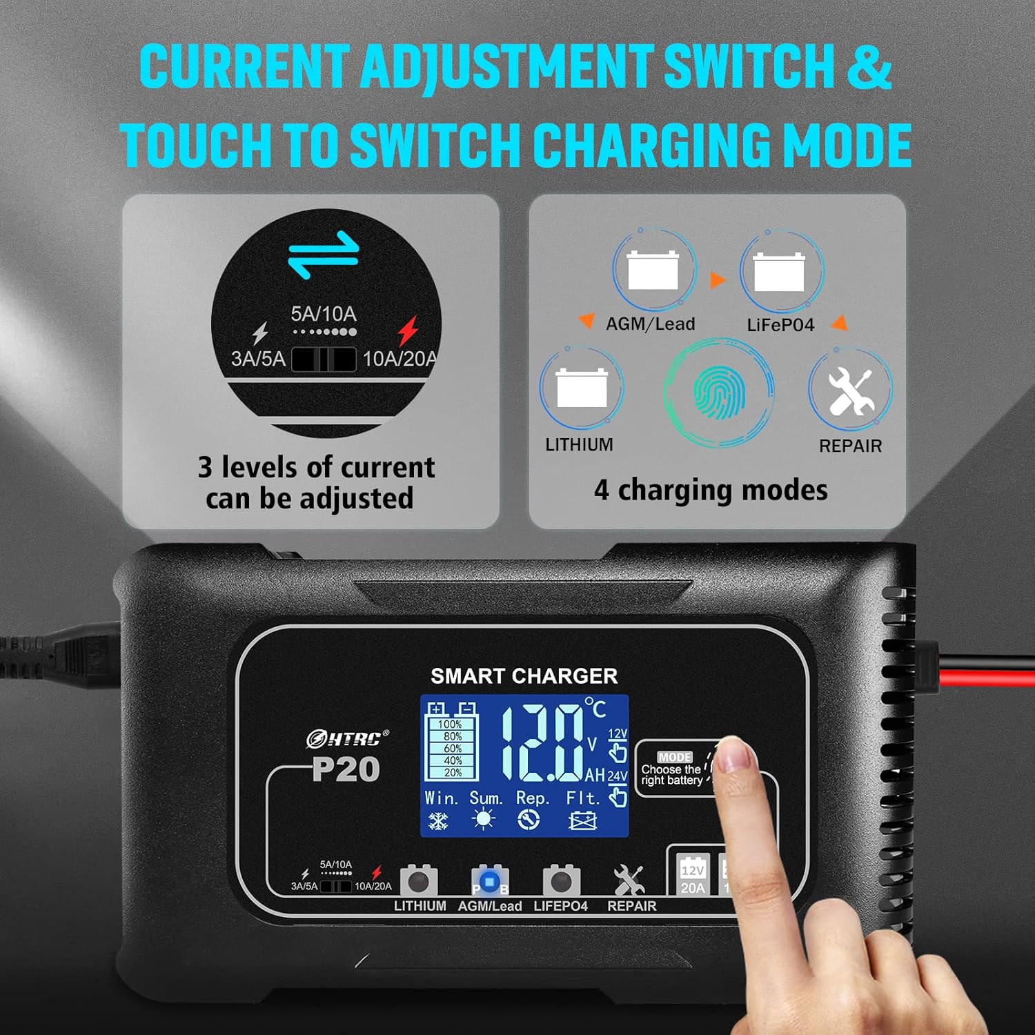 Caricabatteria per auto NOEIFEVO 20A, caricabatteria per auto 12V/24V, caricabatteria per auto, caricabatterie di mantenimento e desolfatore per moto, tosaerba, barca, litio, LiFePO4, acido di piombo (AGM, gel, ecc.)