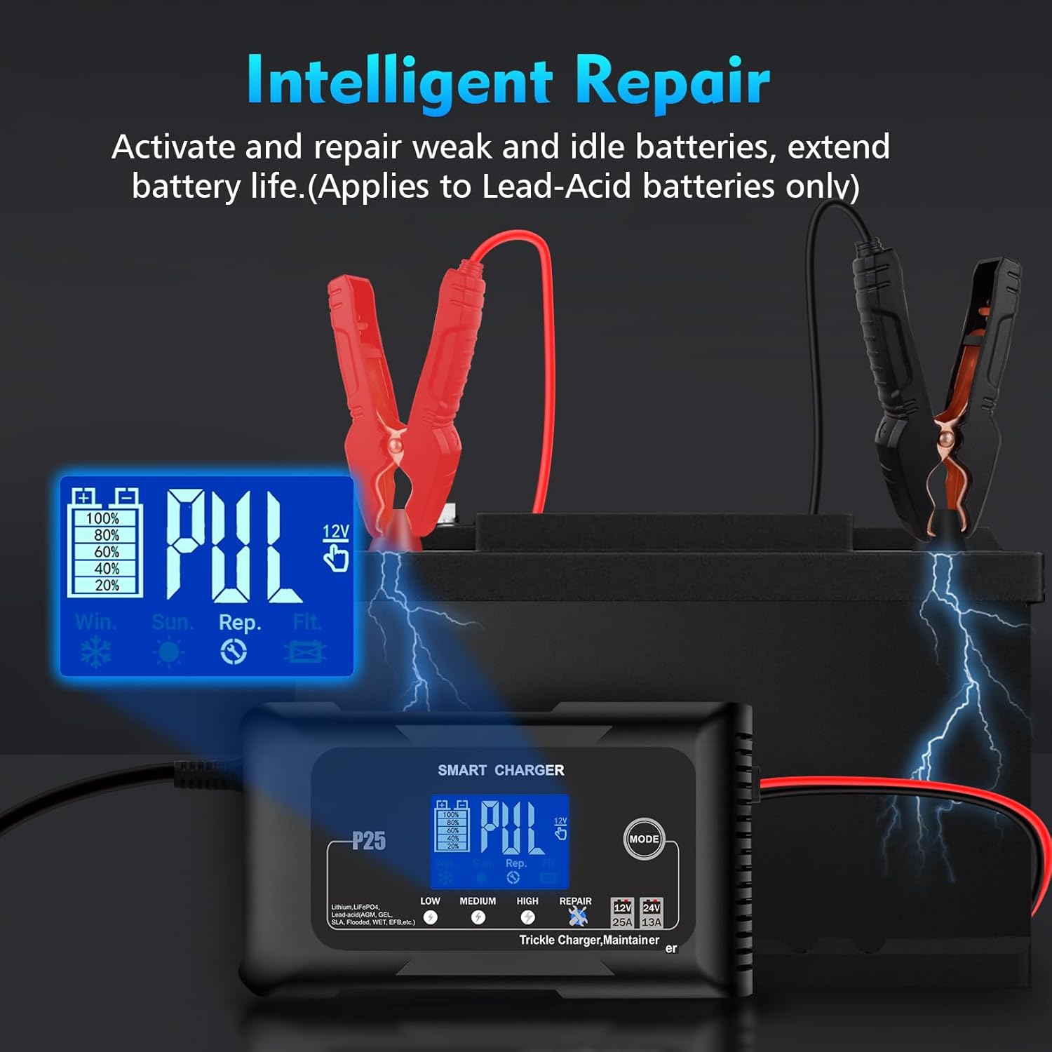 NOEIFEVO 25A Bilbatteriladdare, 12V 25A/24V 13A Underhållsladdare för bil, motorcykel, gräsklippare, båt, litium, LiFePO4 och bly-syra (AGM, GEL, MF, EFB, SLA, VRLA)