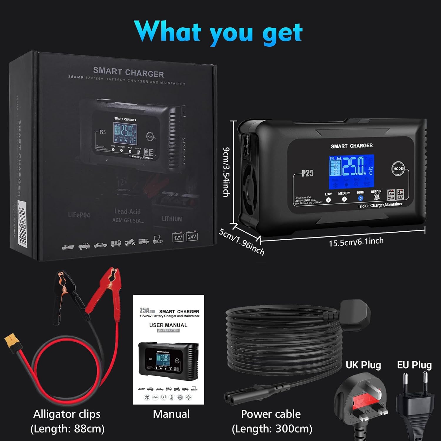 NOEIFEVO 25A Autobatterieladegerät, 12V 25A/24V 13A Erhaltungsladegerät für Auto, Motorrad, Rasenmäher, Boot, Lithium, LiFePO4 und Blei-Säure (AGM, GEL, MF, EFB, SLA, VRLA)