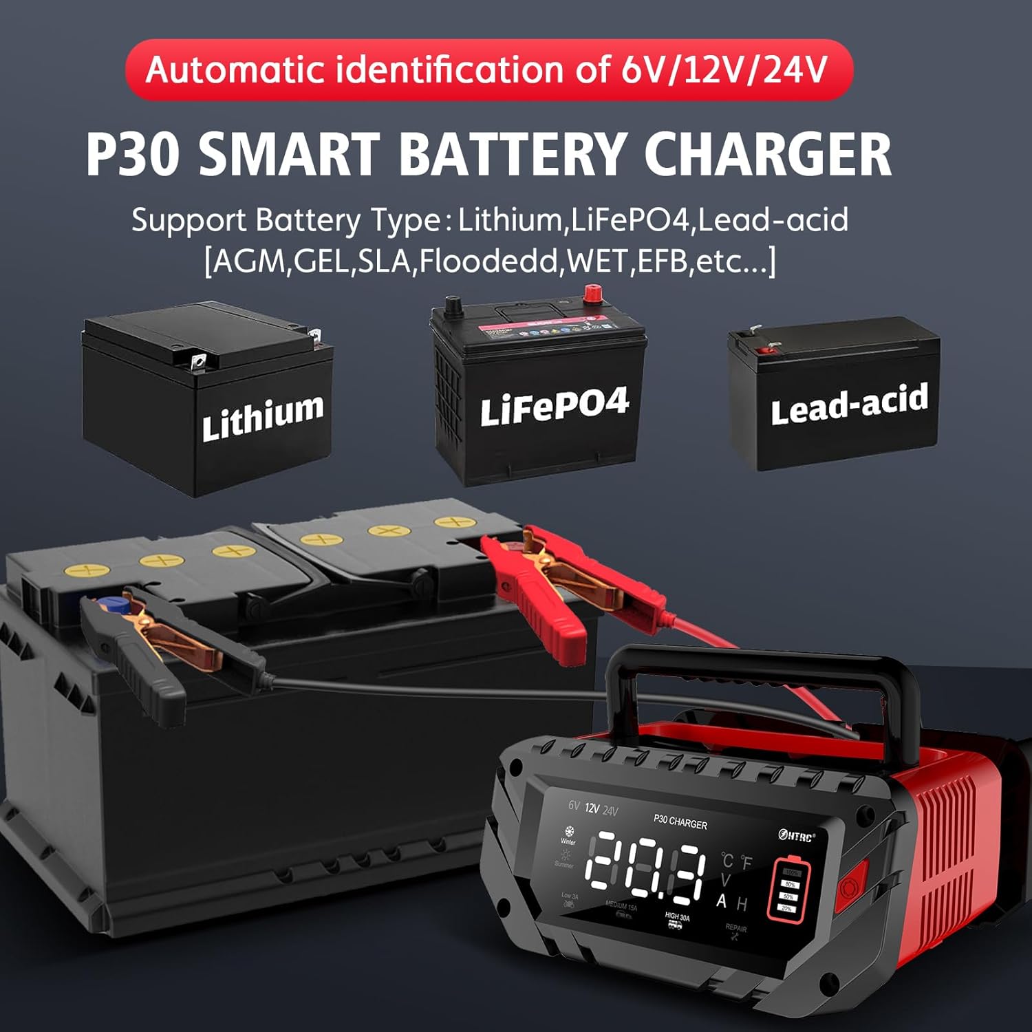 NOEIFEVO 6V 10A/12V 30A/24V 16A Smart-laddare för bilbatterier, batteriladdare för bil, motorcykel, gräsklippare, båt, lämplig för litium-, LiFePO4- och bly-syrabatterier (AGM, gel, MF, EFB, SLA, VRLA, våt)