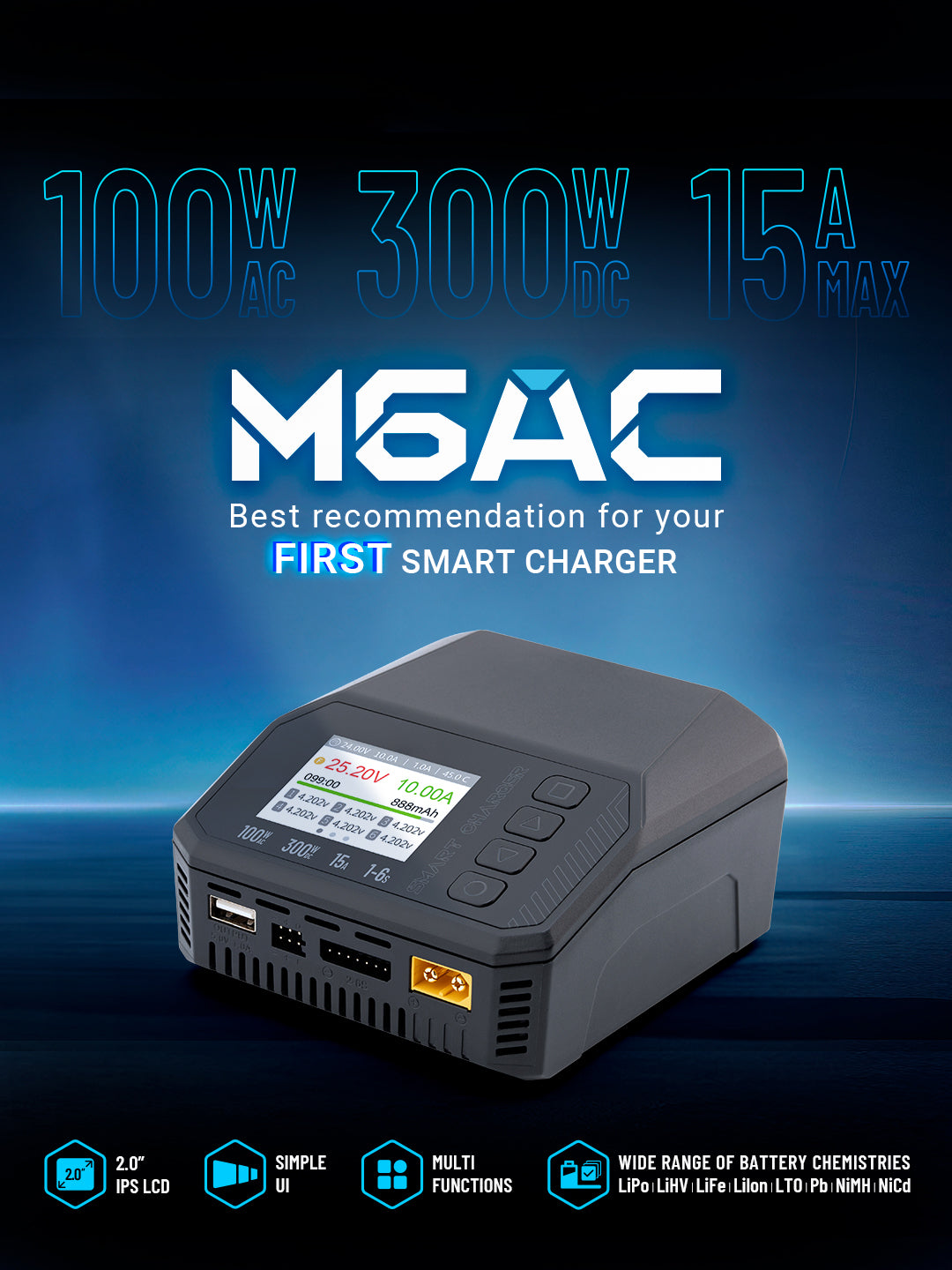 M6AC Dual-Channel Smart Charger, 100W AC/300W DC, 15A Balancer Charger voor LiPo, LiHV, LiFe, Lion, NiMh, Pb Batterijen, met 2,0'' IPS-LCD-Display