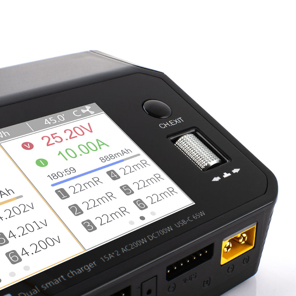 M6DAC Caricabatterie intelligente RC a doppio canale, caricabatterie bilanciato AC/DC con massimo 15A per batterie LiPo, LiHV, LiFe, Lion, NiMh, Pb