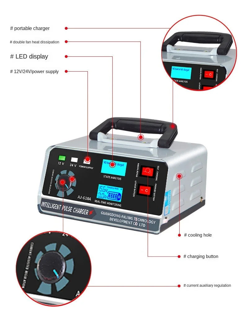 Smart batterioplader 12V 30A / 24V 15A, automatisk batterioplader med vedligeholdelse og smart pulserende reparation til bil, lastbil, båd og motorcykel
