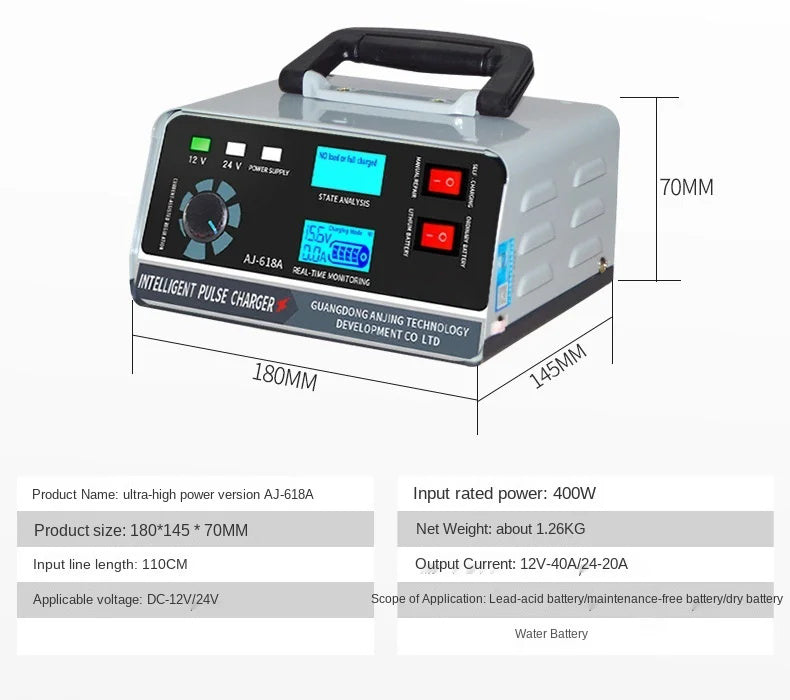 Smart batterioplader 12V 30A / 24V 15A, automatisk batterioplader med vedligeholdelse og smart pulserende reparation til bil, lastbil, båd og motorcykel