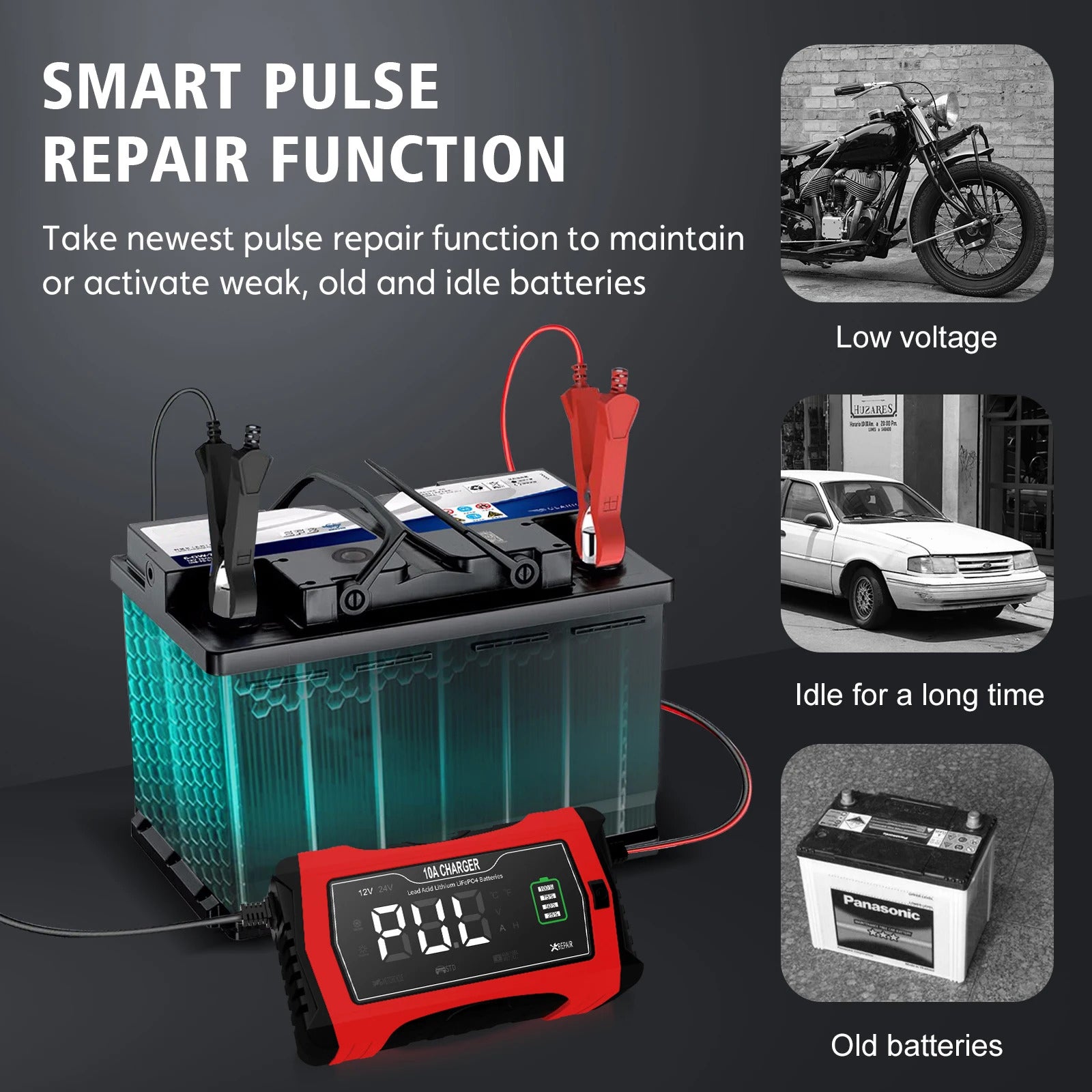 NOEIFEVO 10A Autobatteriladdare, 12 V/24 V, intelligent, helt automatisk, med reparationsläge för bilar, lastbilar, motorcyklar, gräsklippare, båtar och båtens batterier