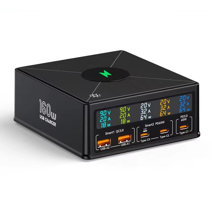 NOEIFEVO 160W 5-port USB nabíječka, 15 W bezdrátová nabíjecí stanice, PD 65W QC3.0 Type-C rychlá nabíječka, kompatibilní s iPhone, MacBookem, Samsungy, notebooky a všemi chytrými telefony a elektrickými zařízeními