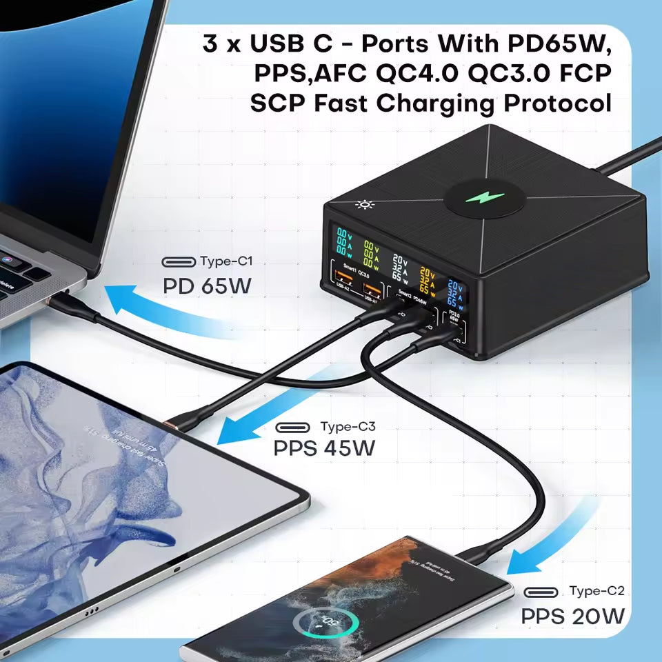 NOEIFEVO 160W 5-port USB nabíječka, 15 W bezdrátová nabíjecí stanice, PD 65W QC3.0 Type-C rychlá nabíječka, kompatibilní s iPhone, MacBookem, Samsungy, notebooky a všemi chytrými telefony a elektrickými zařízeními