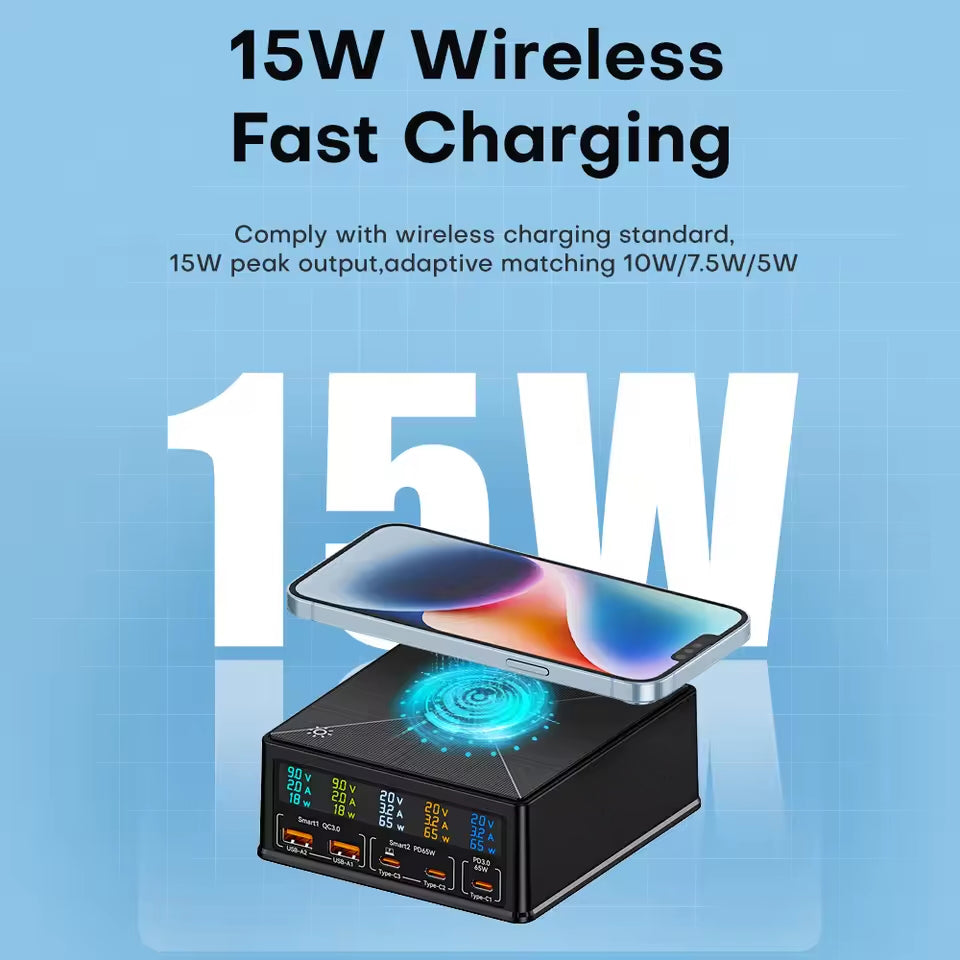 NOEIFEVO 160W 5-port USB nabíječka, 15 W bezdrátová nabíjecí stanice, PD 65W QC3.0 Type-C rychlá nabíječka, kompatibilní s iPhone, MacBookem, Samsungy, notebooky a všemi chytrými telefony a elektrickými zařízeními