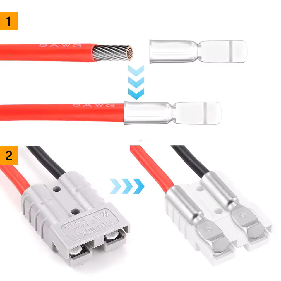 2 kpl akunkoteloita, Anderson 50A/120A M8 akkuvirran siirtoliitäntään, 2AWG/4AWG/7AWG/8AWG/12AWG sähkökaapelit