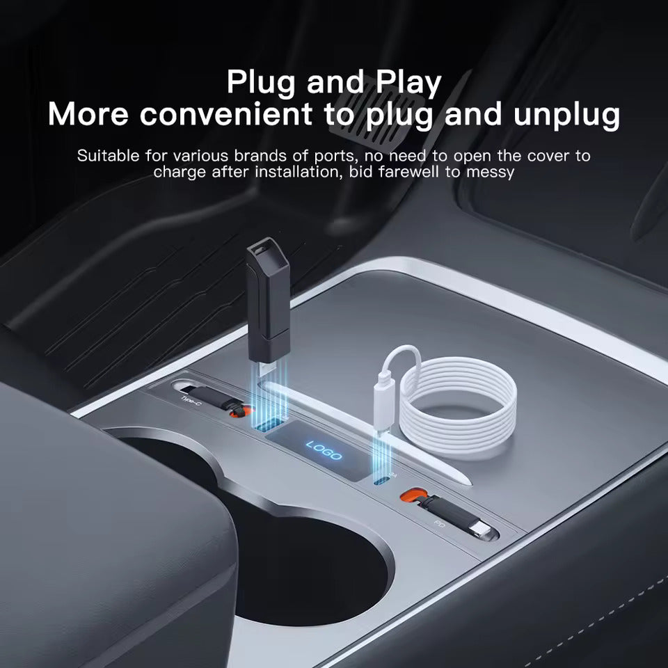 Snellader voor middenconsole – USB-C laadstation & USB-splitterhub, compatibel met Tesla M3/Y (Highland 2024–2025 & Standard 2021–2024), slimme adapter met stroomverlengkabel