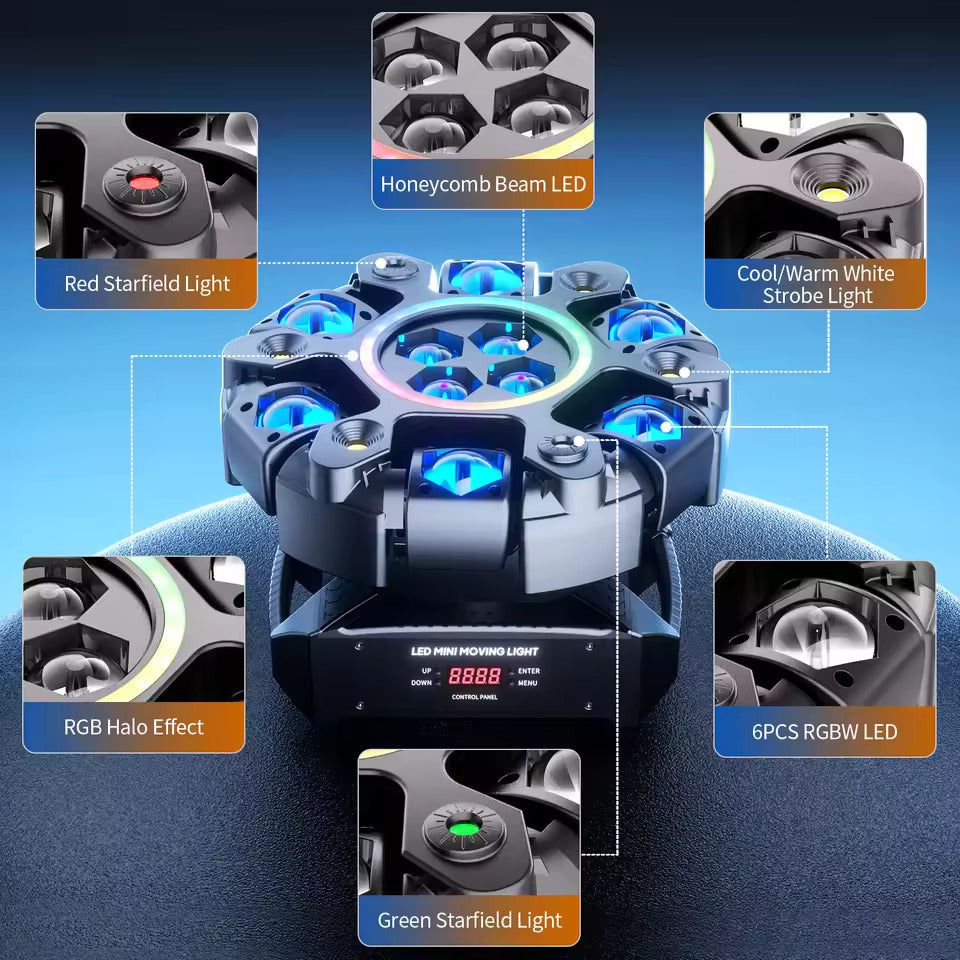 150W 6-armet RGBW beam moving head med halo-effekt, scenelys, DMX512 bikakestråle-stroboskop-effekt, egnet for DJ-fester, bursdagsfeiringer, profesjonell scenebelysning, bar- og KTV-belysning