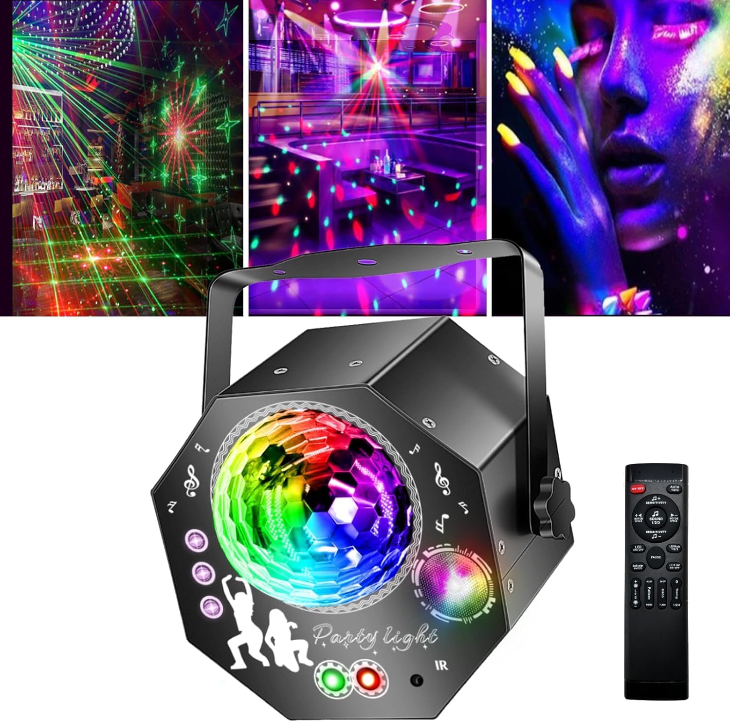 4v1 disco koule – párty světlo se 64 vzory, hudbou řízená disko lampa s dálkovým ovládáním, RGB-UV stroboskop pro domov, bar, klub, venkovní použití a narozeninové oslavy