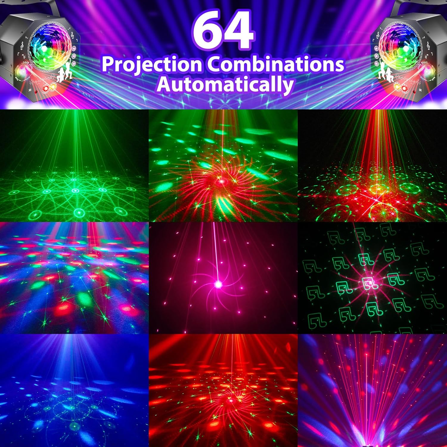 4v1 disco koule – párty světlo se 64 vzory, hudbou řízená disko lampa s dálkovým ovládáním, RGB-UV stroboskop pro domov, bar, klub, venkovní použití a narozeninové oslavy