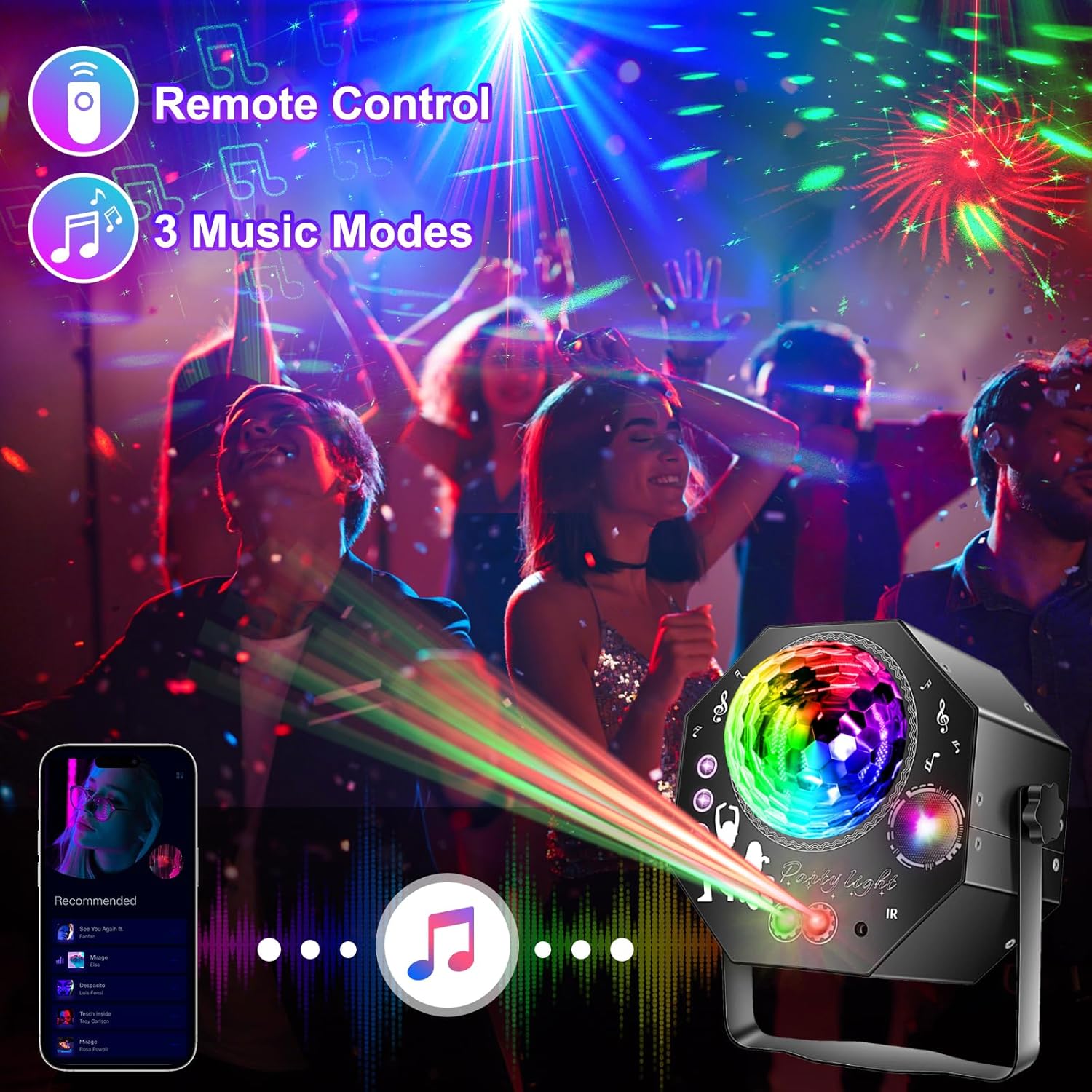 4v1 disco koule – párty světlo se 64 vzory, hudbou řízená disko lampa s dálkovým ovládáním, RGB-UV stroboskop pro domov, bar, klub, venkovní použití a narozeninové oslavy