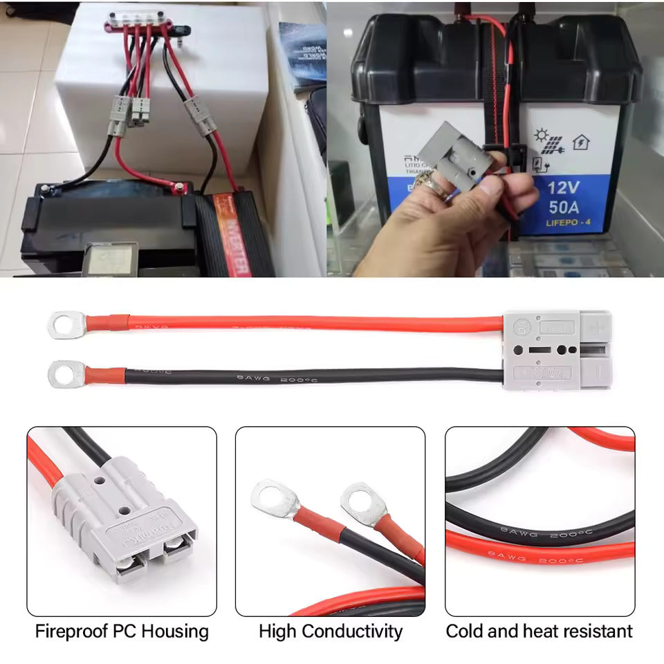 2 kpl akunkoteloita, Anderson 50A/120A M8 akkuvirran siirtoliitäntään, 2AWG/4AWG/7AWG/8AWG/12AWG sähkökaapelit