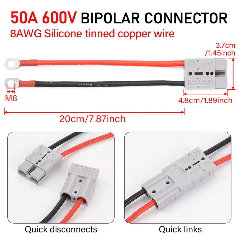 Høytstrømsforbindelse 50A 600V, Anderson 50A til M8 hurtigbatteritilkobling, 8 AWG 20 cm elektrisk kabel for LiFePO4-batteri, golfbil, gaffeltruck