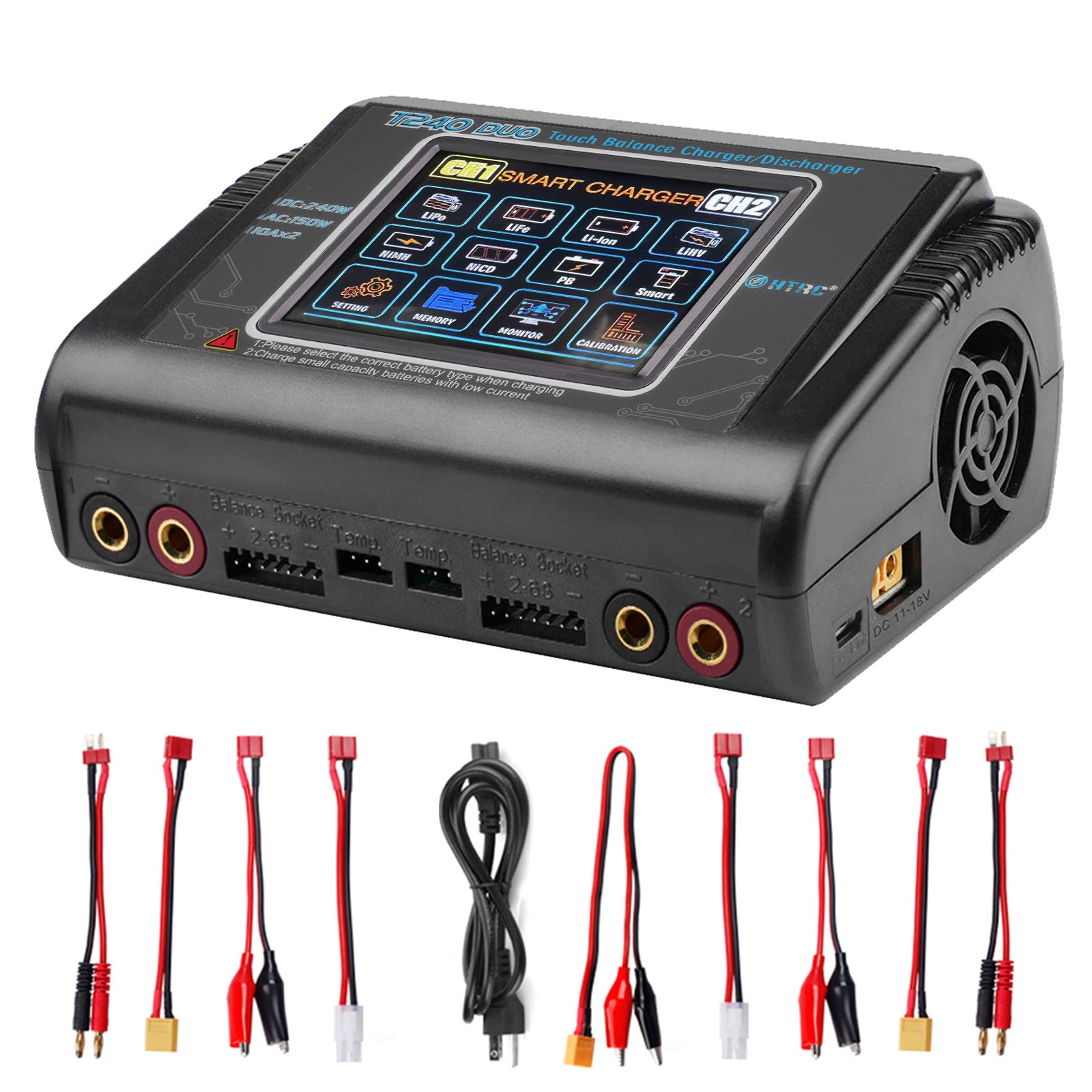 Cargador RC NOEIFEVO T240 de doble canal CA 150 W CC 240 W para baterías NiMH, NiCd, LiHV, Li-ion, Lipo y PB