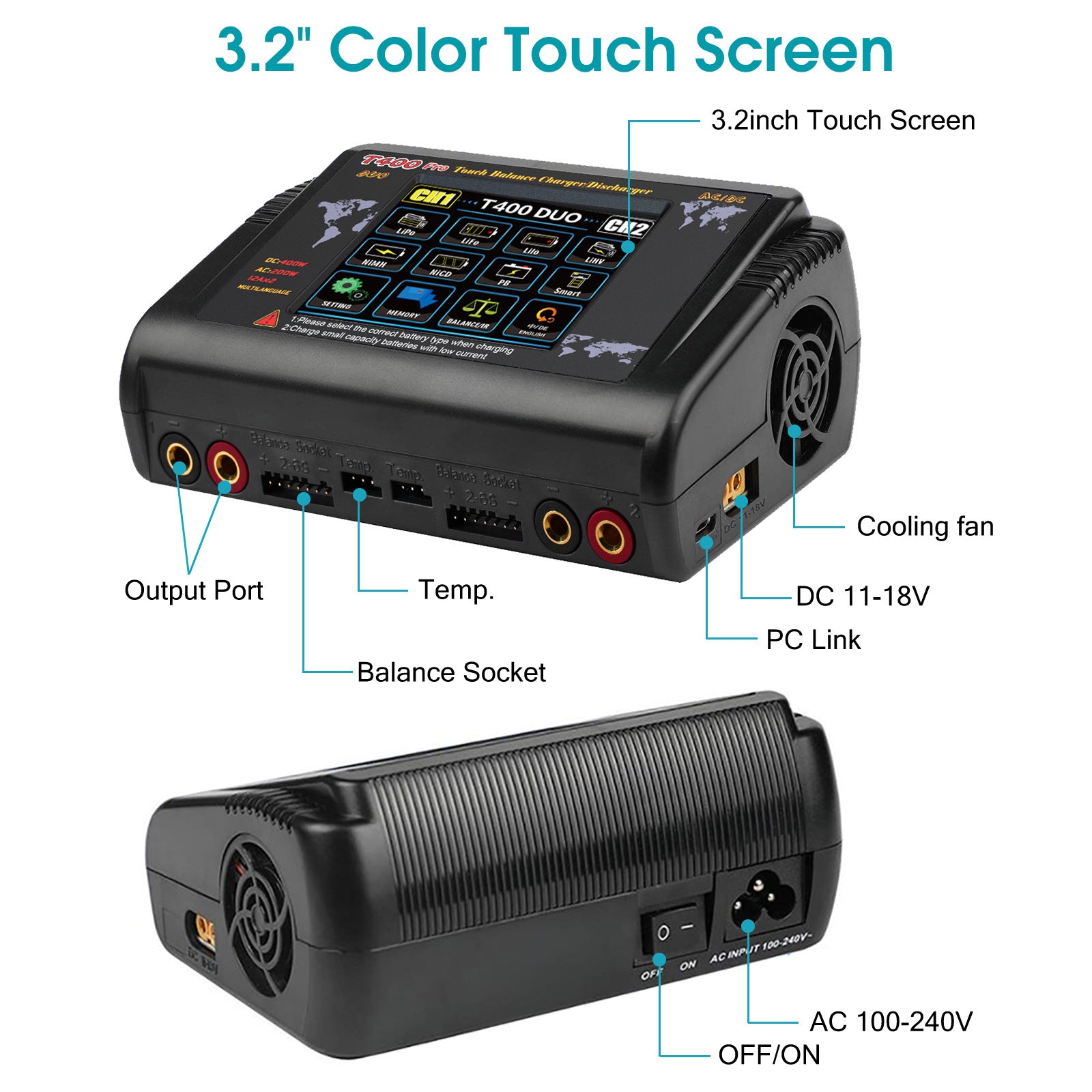 NOEIFEVO T400 Pro RC Oplader Afmager Dobbelt Kanal DC 400W AC 200W 12A til LiHV LiFe Li-ion NiCd NiMh Pb LiPo Batterier