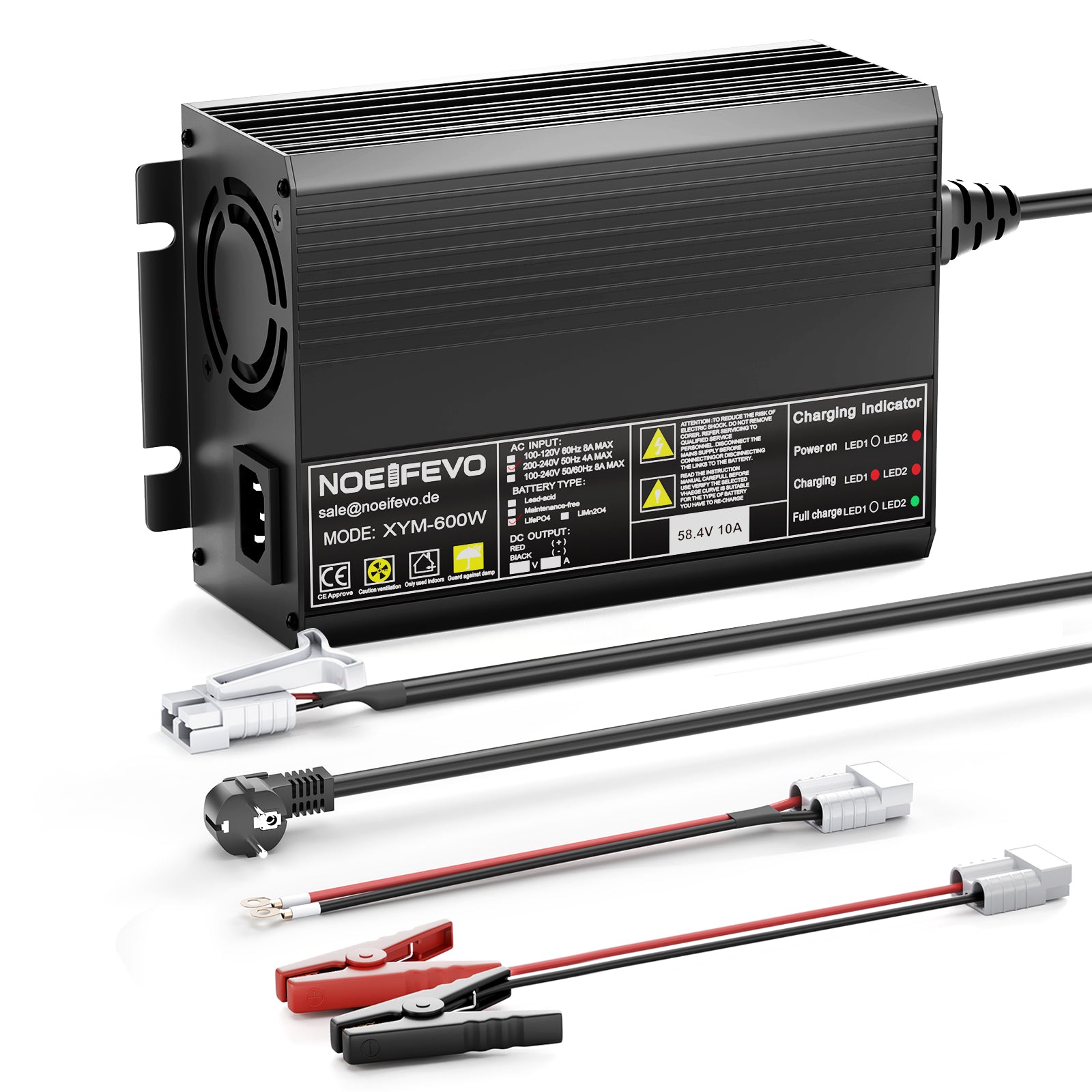 NOEIFEVO 58.4V 10A LiFePO4 batteriladdare för 51.2V(48V) 16S litiumbatteri för golfbilar, husbilar och elektriska fiskemotorer