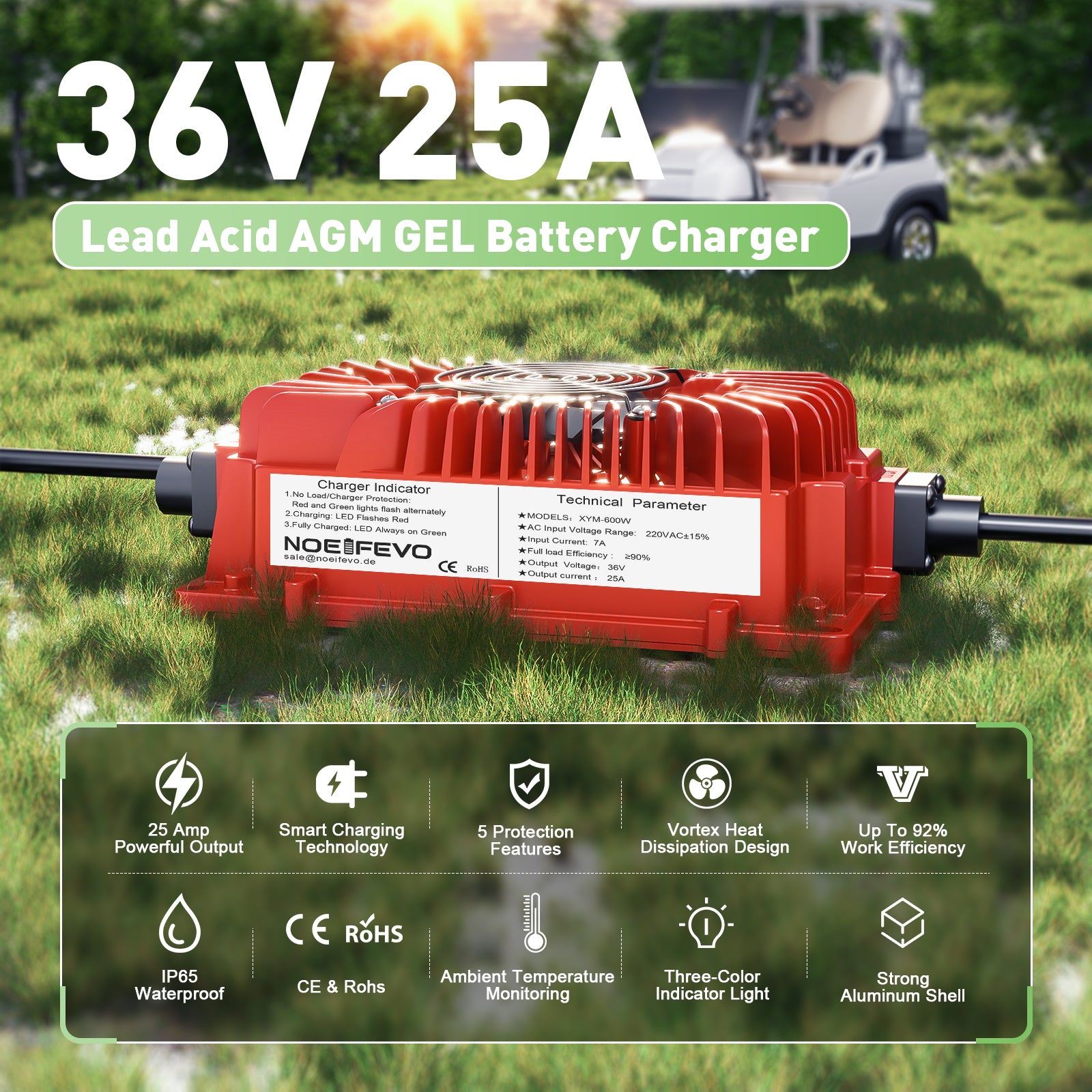 NOEIFEVO 36V 25A batterioplader til blysyrebatterier AGM Gel Golfvogn batterioplader