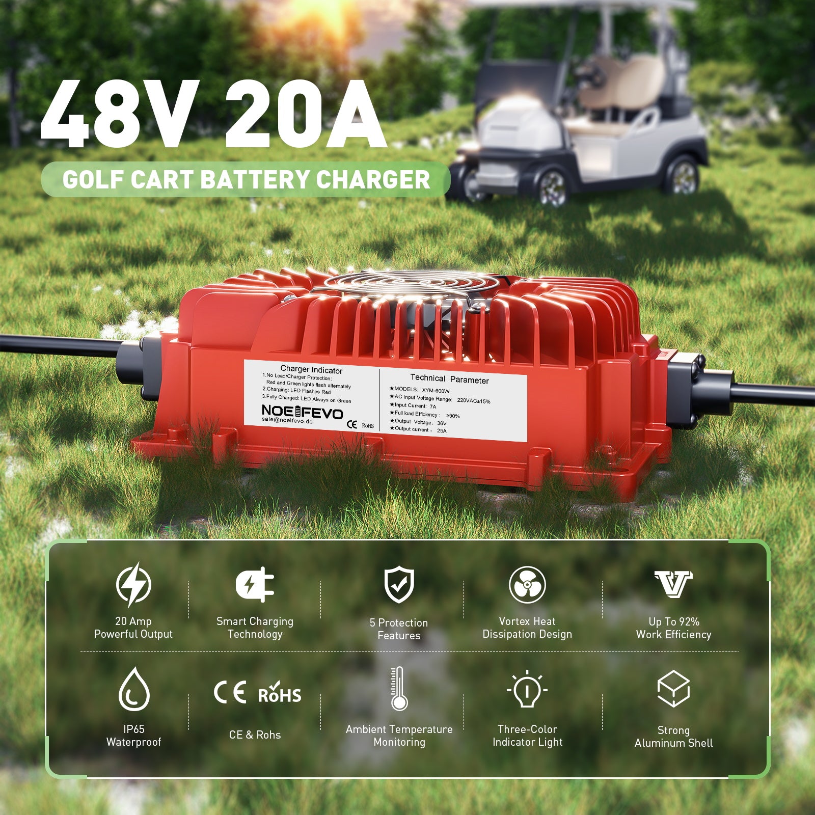 NOEIFEVO 48V 20A golfvagnsbatteriladdare med EZGO RXV & TXT-kontakt för blybatterier, AGM, gel