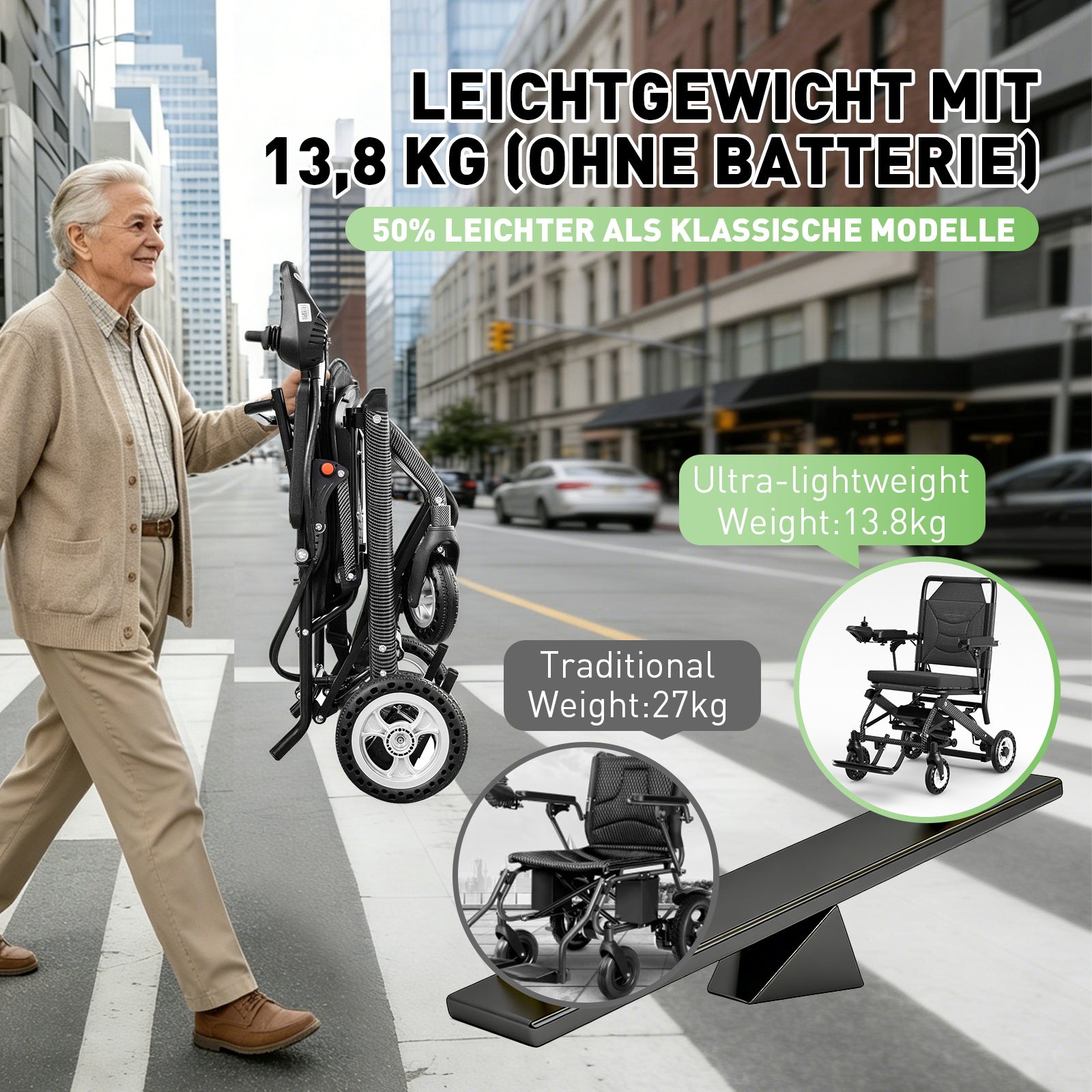 Elektrický invalidní vozík – 13.6kg, 300W motor, odnímatelný lithiumový akumulátor, elektromagnetická brzda, nosnost 100kg, lehký elektrický skládací vozík ideální pro cestování & každodenní použití